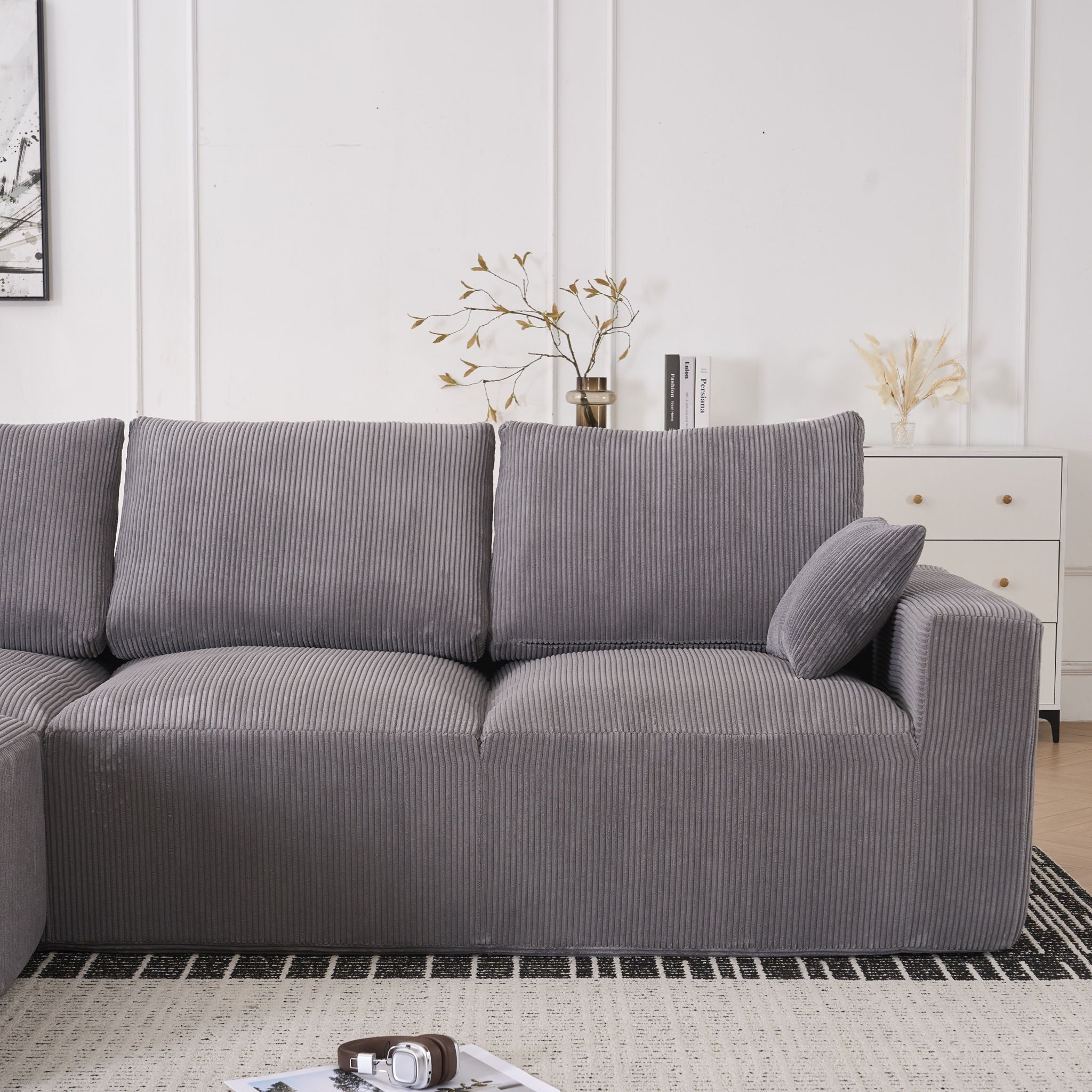 Modular Sectional Sofa With Ottoman, USB And Type C Charger, Petal Armrest Design