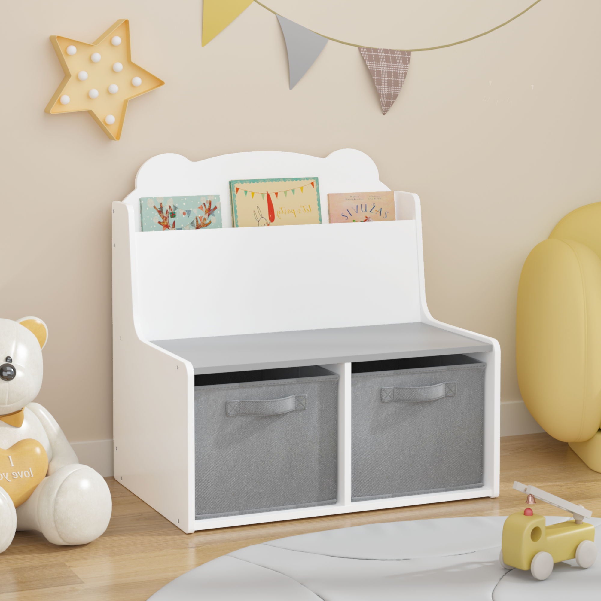 Bookshelf With Storage Bins, Bookcase With Book Display Shelf And 2 Bins, Cute Bear Shaped Backboard, Toy Organizer - White