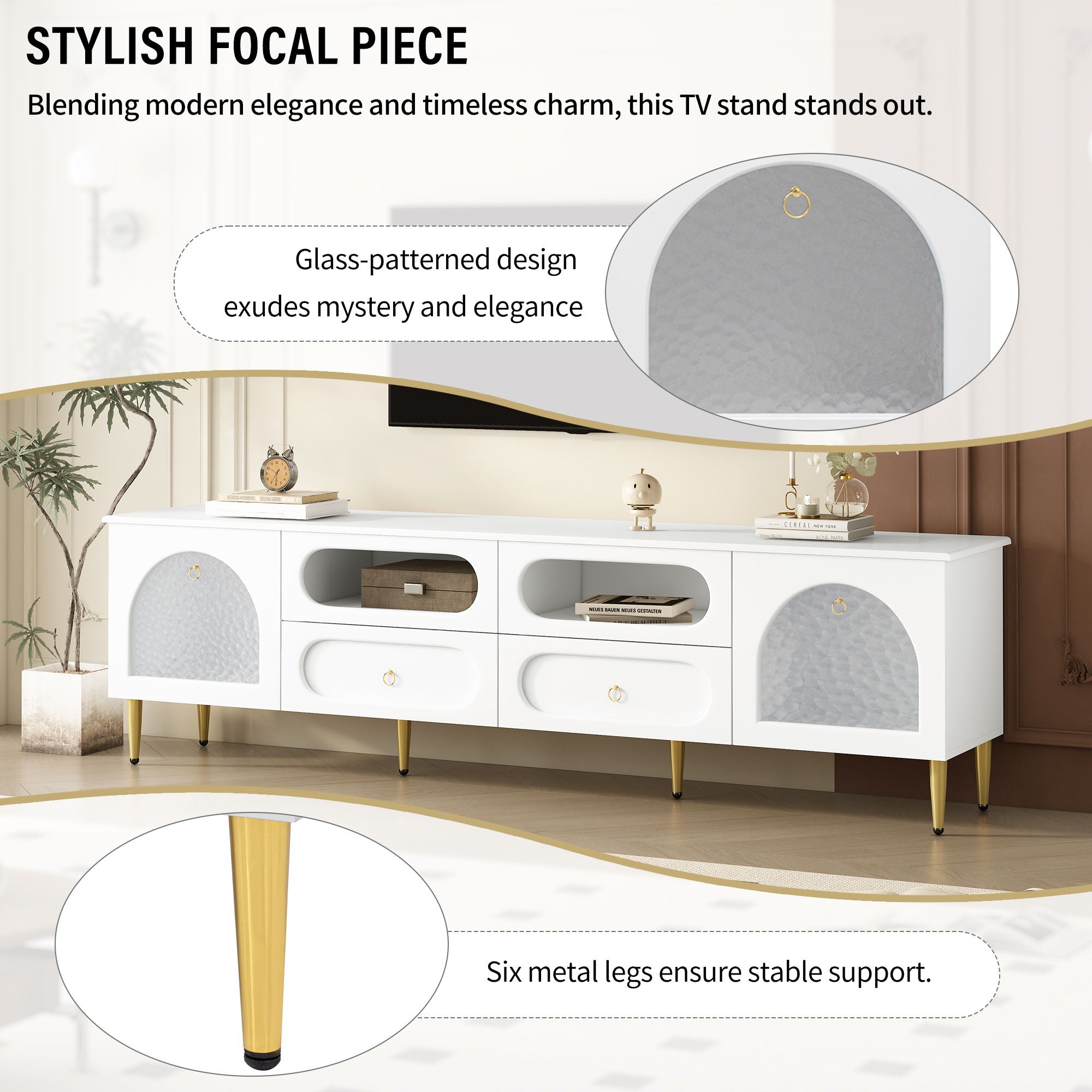 Retro TV Stand With 6 Metal Legs, 2 Cabinets, 4 Drawers And Anti-Tip Device