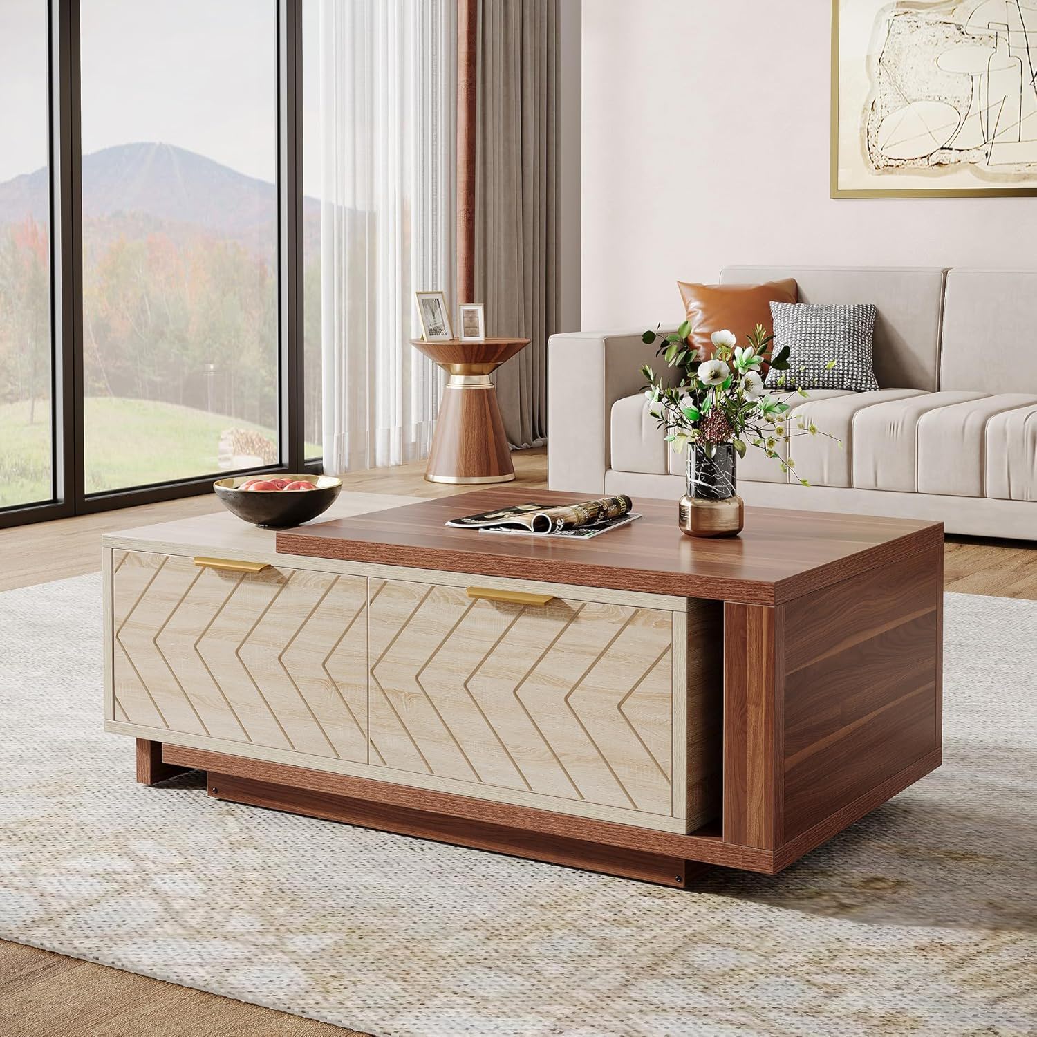 Extendable Coffee Table With 2 Storage Drawers, Dual Tone With Sliding Top, Hidden Storage - Walnut