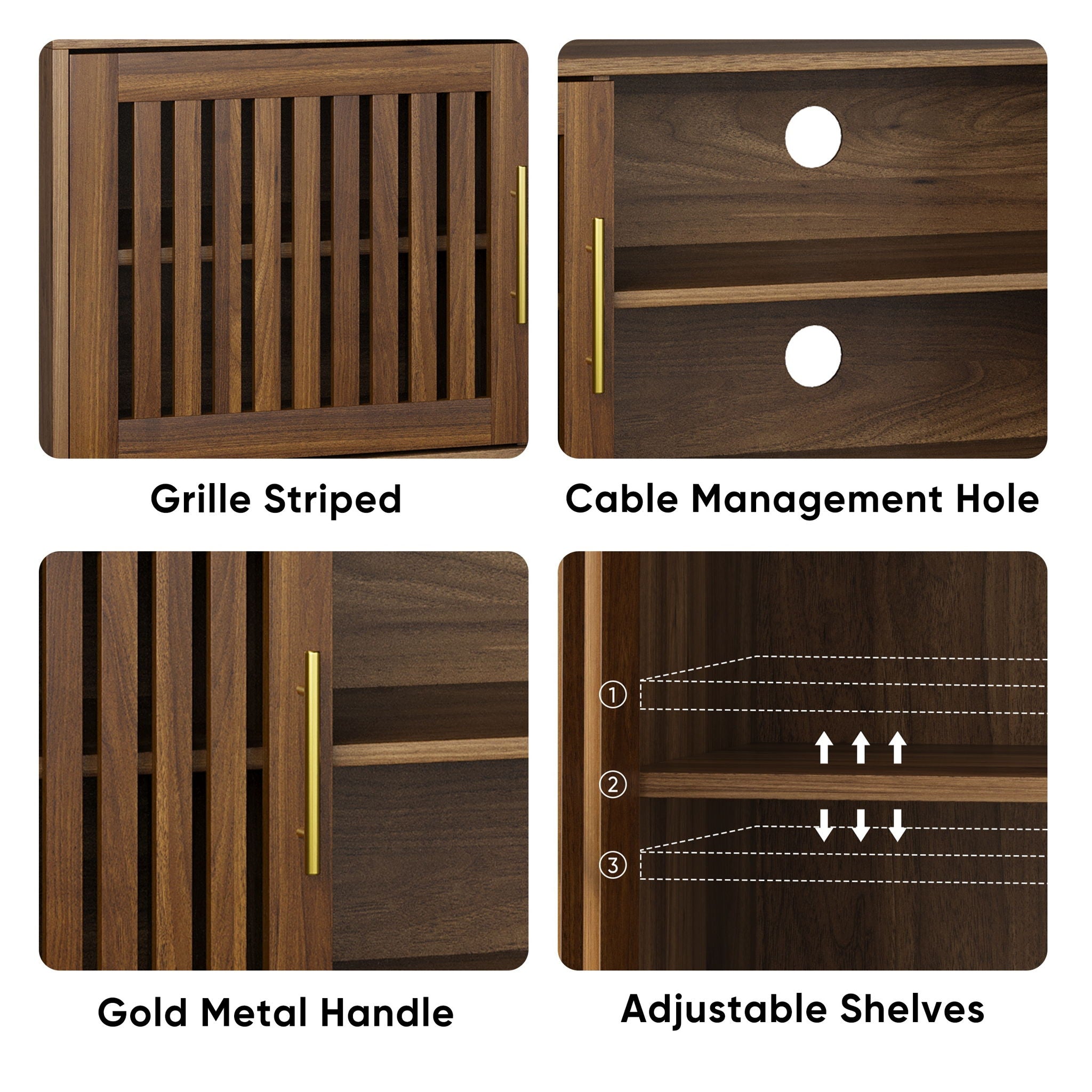 TV Stand With 2 Grille Door Cabinets And Adjustable Storage Rack, Suitable For Medieval Modern TV Cabinets, Entertainment Center With Storage Space - Walnut Wood