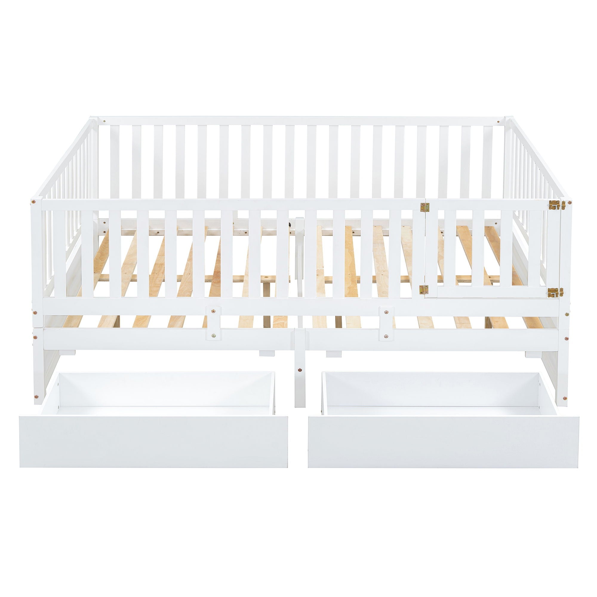 Daybed With Fence Guardrails And 2 Drawers, Split Into Independent Floor Bed & Daybed