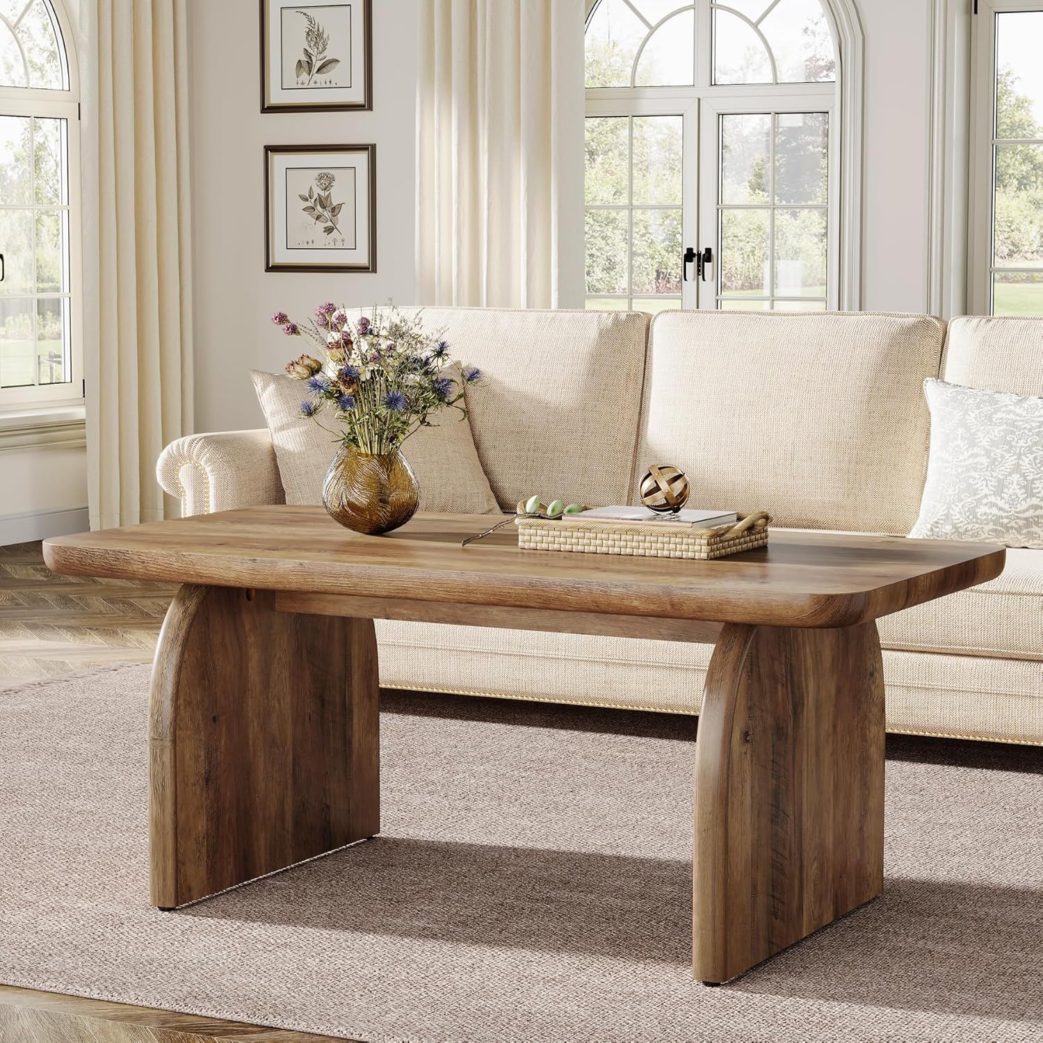 Rectangle Coffee Table With H-Base & Rounded Corners - Brown