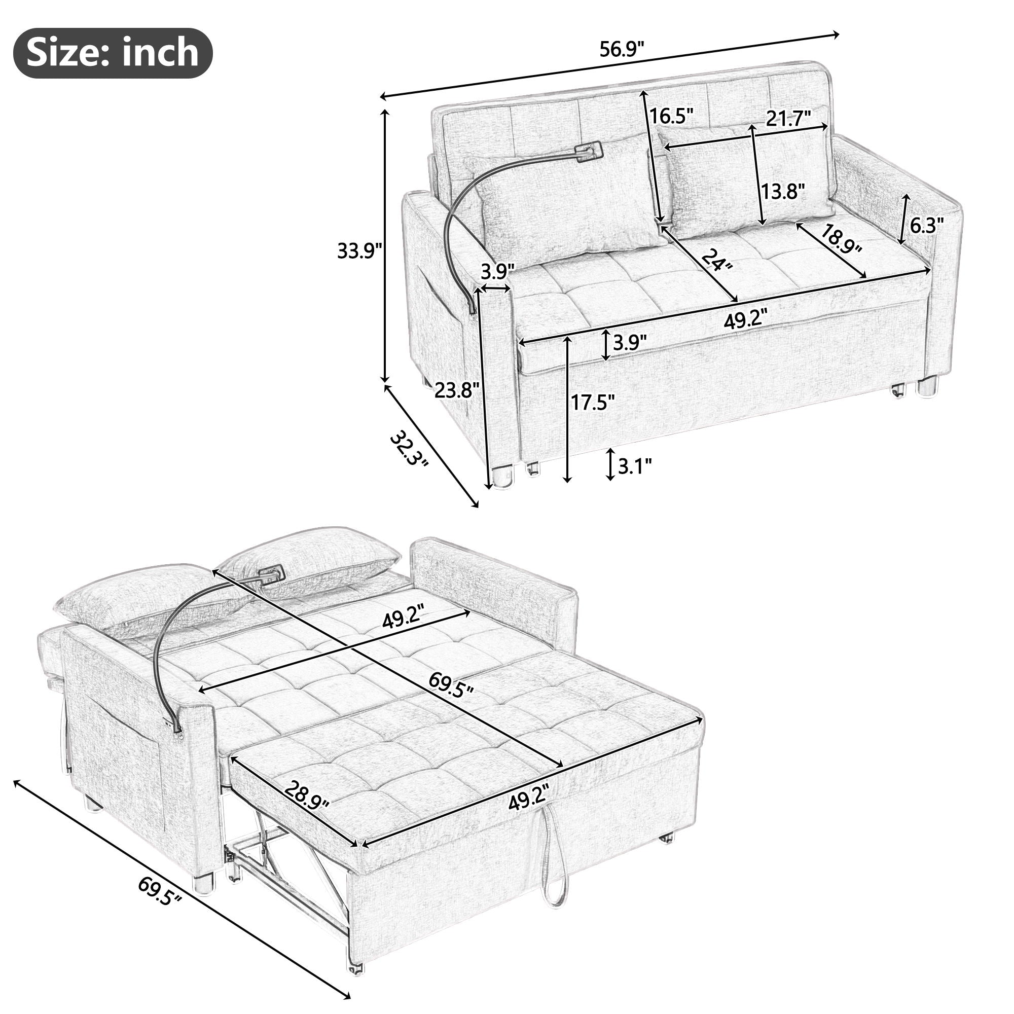 Loveseat Sofa Bed Sleeper With Reversible Backrest, Side Pockets, USB Ports, Phone Holder