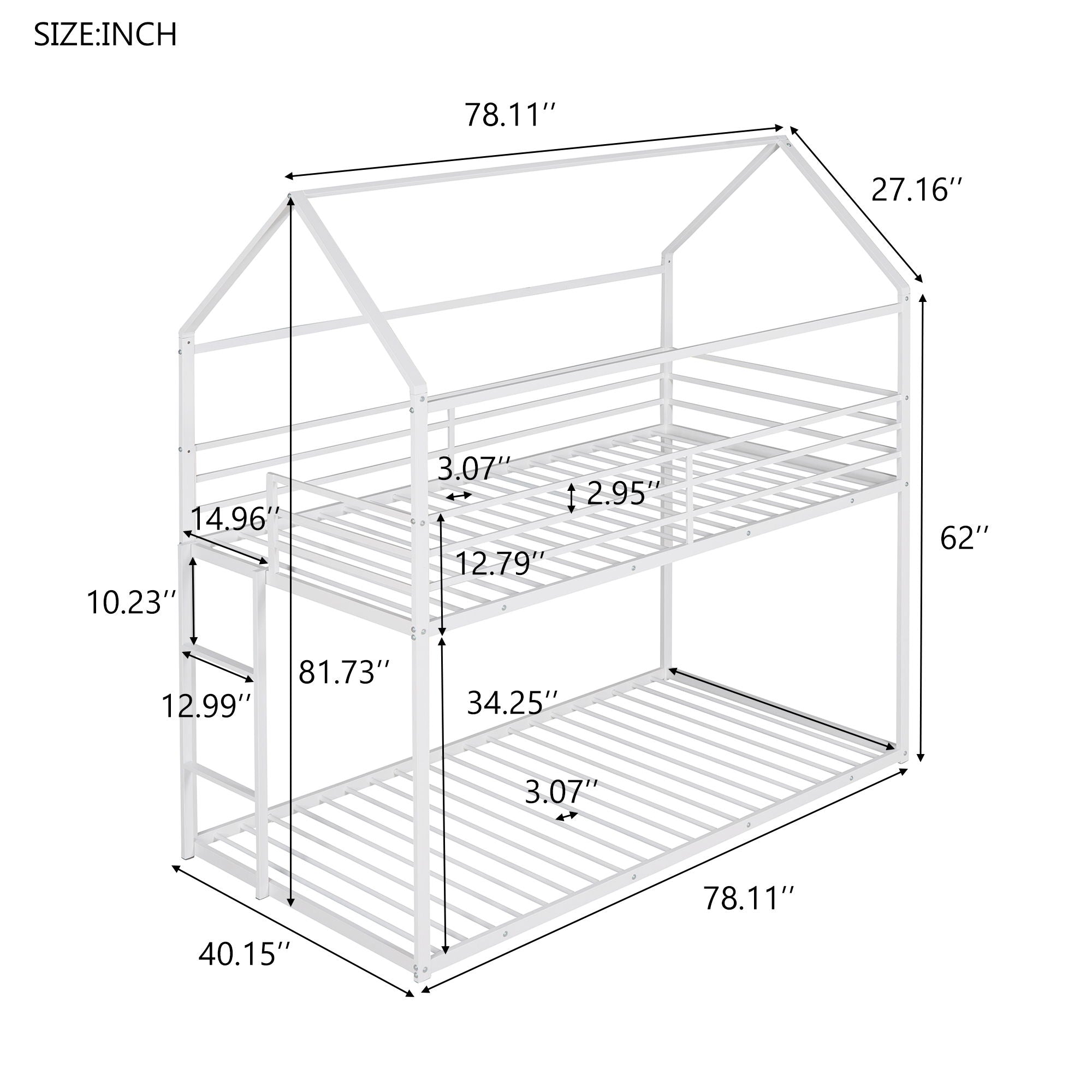 House Bunk Bed Metal Bed Frame Built-In Ladder, No Box Spring Needed
