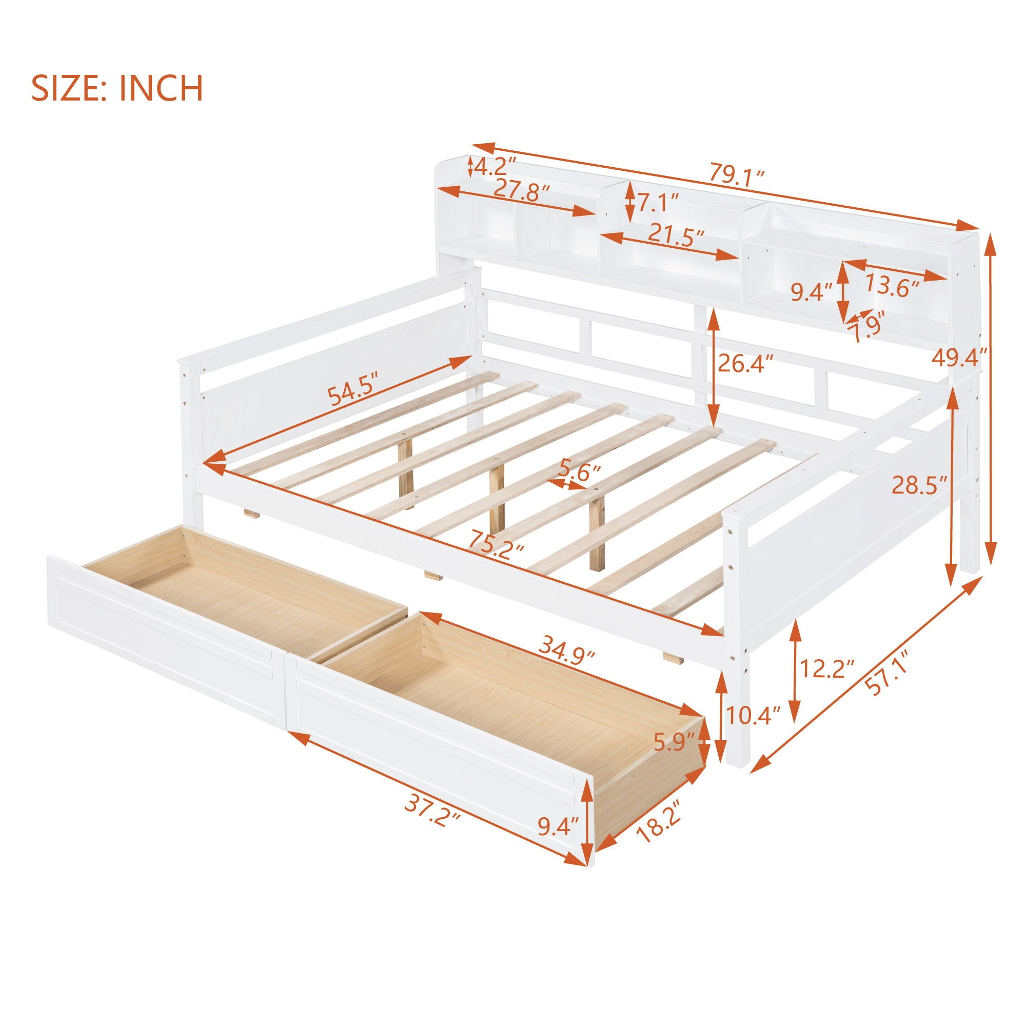 Daybed, Wood Slat Support, With Bedside Shelves And Two Drawers