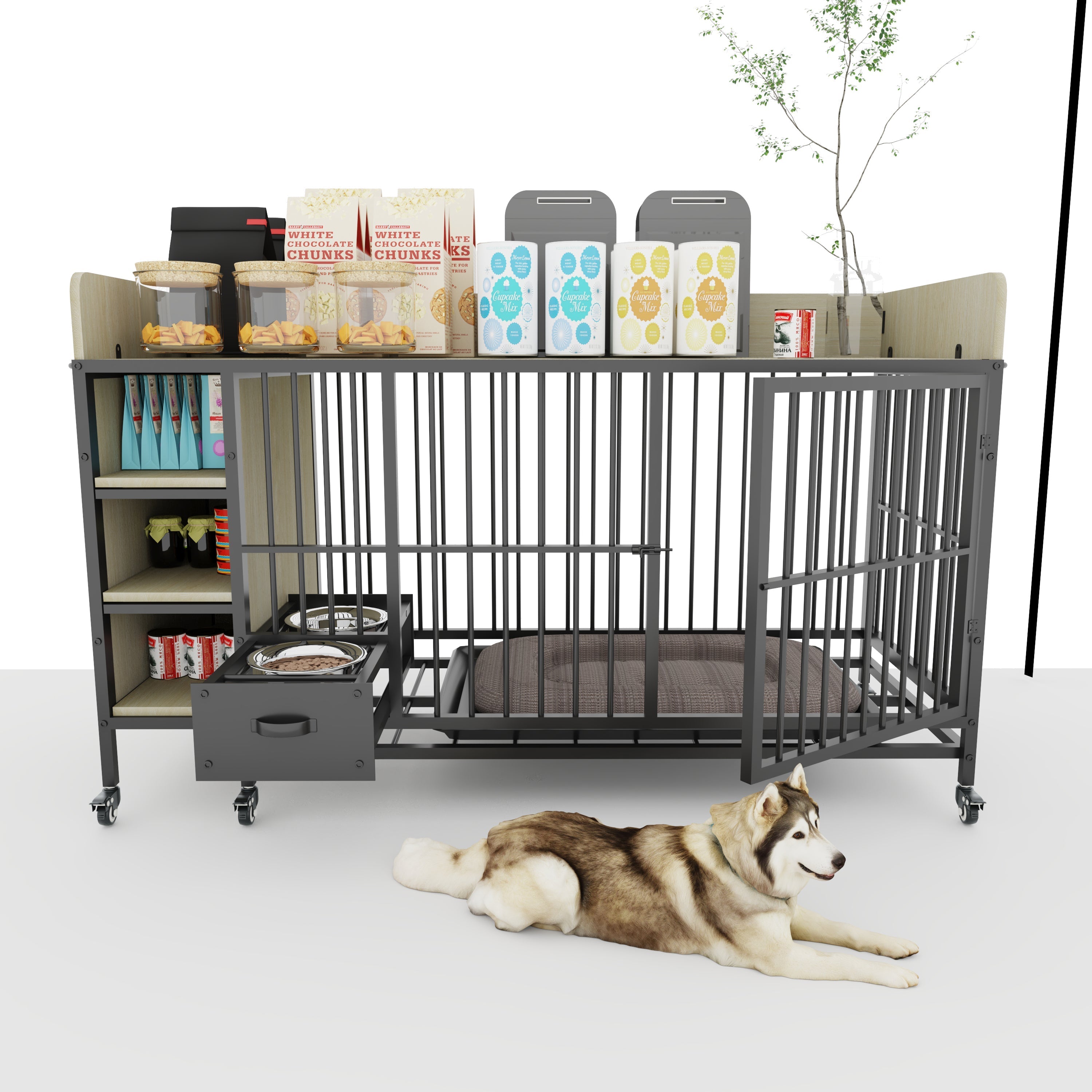 Large Pet Cage with Storage Rack Black and Beige