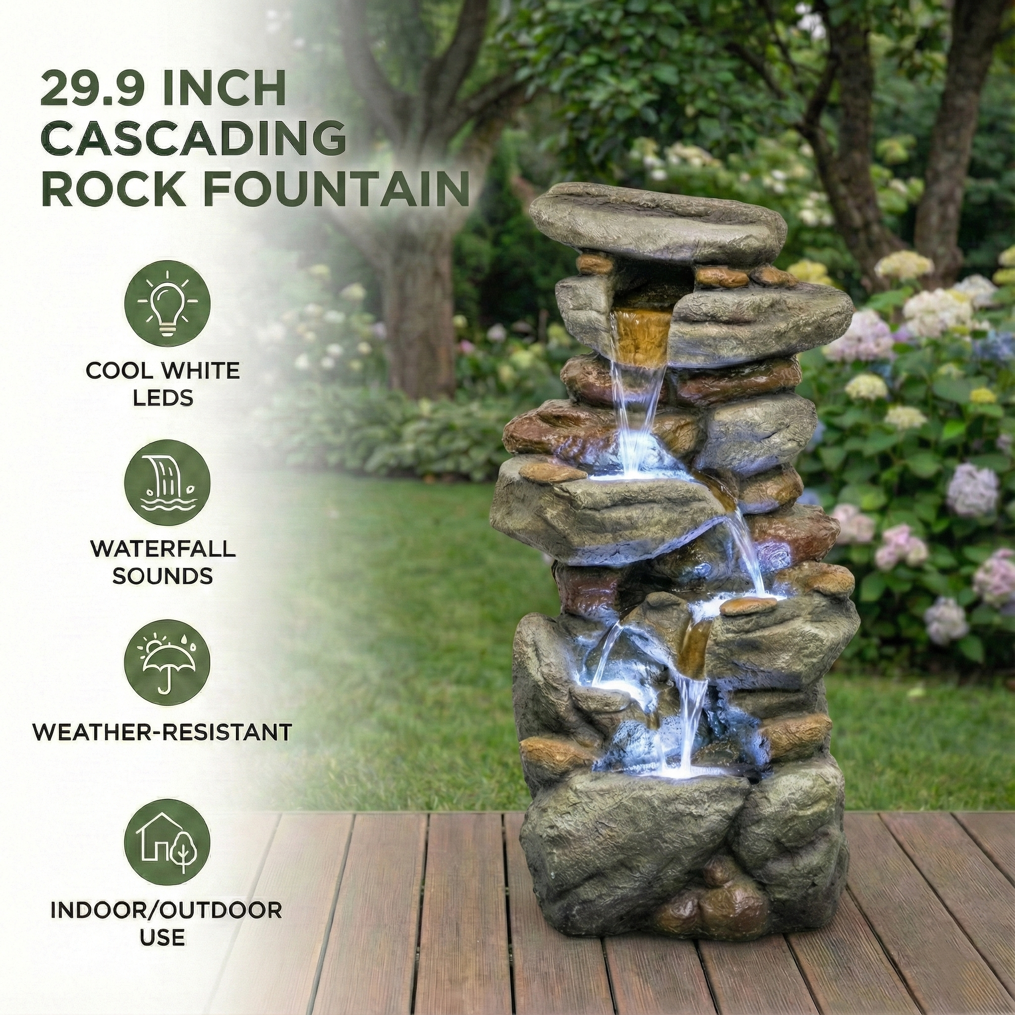 Outdoor Water Fountain Large with LED Light for Patio and Garden