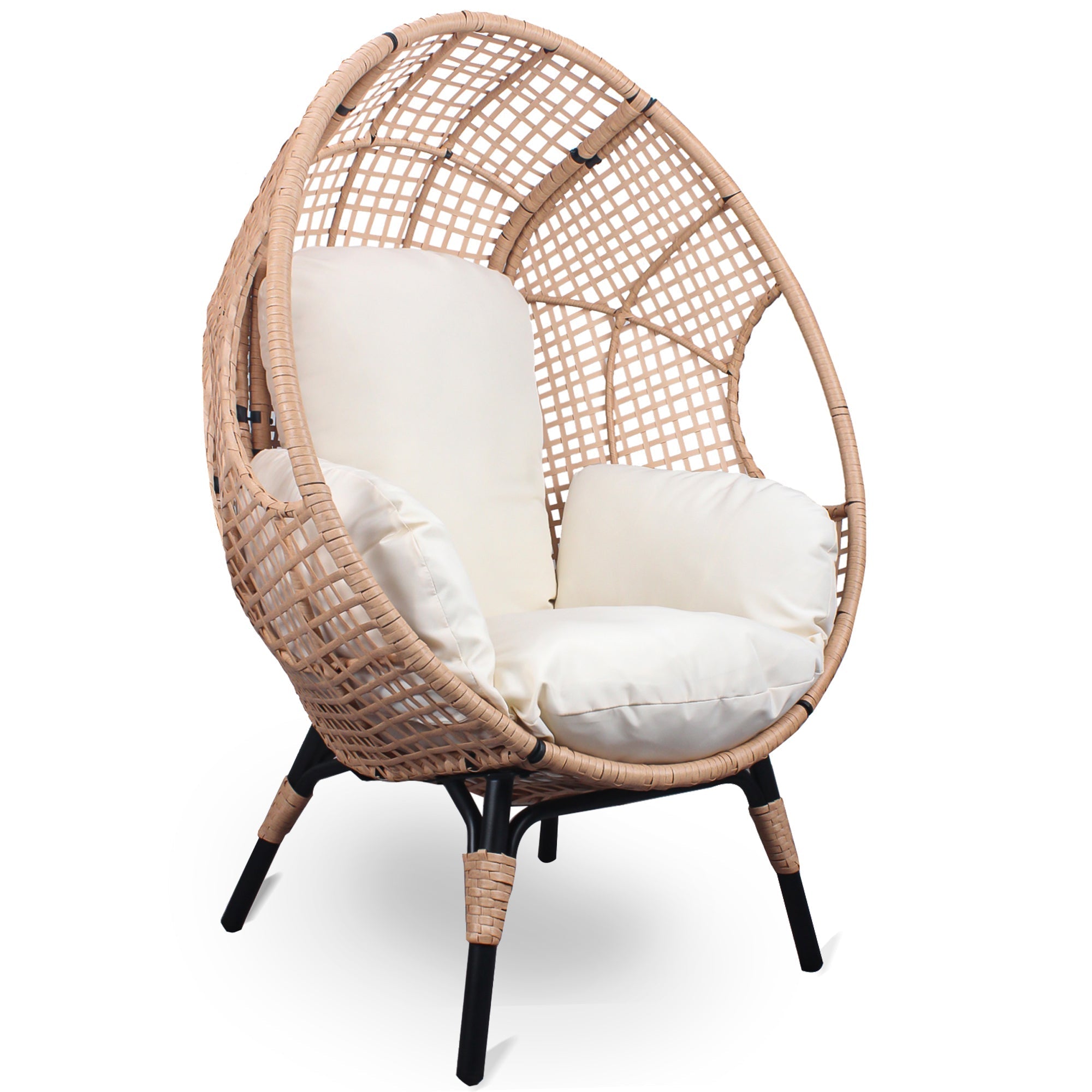 New Grid Style PE Wicker Weaving Patio Egg Chair with Natural Color Rattan Beige Cushion