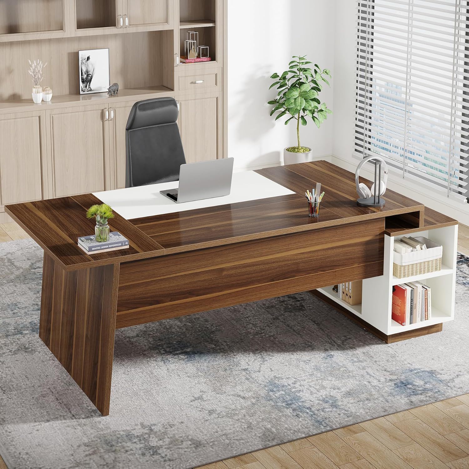L-Shaped Executive Desk With Storage Cabinet And Shelves For Home Office - White / Walnut