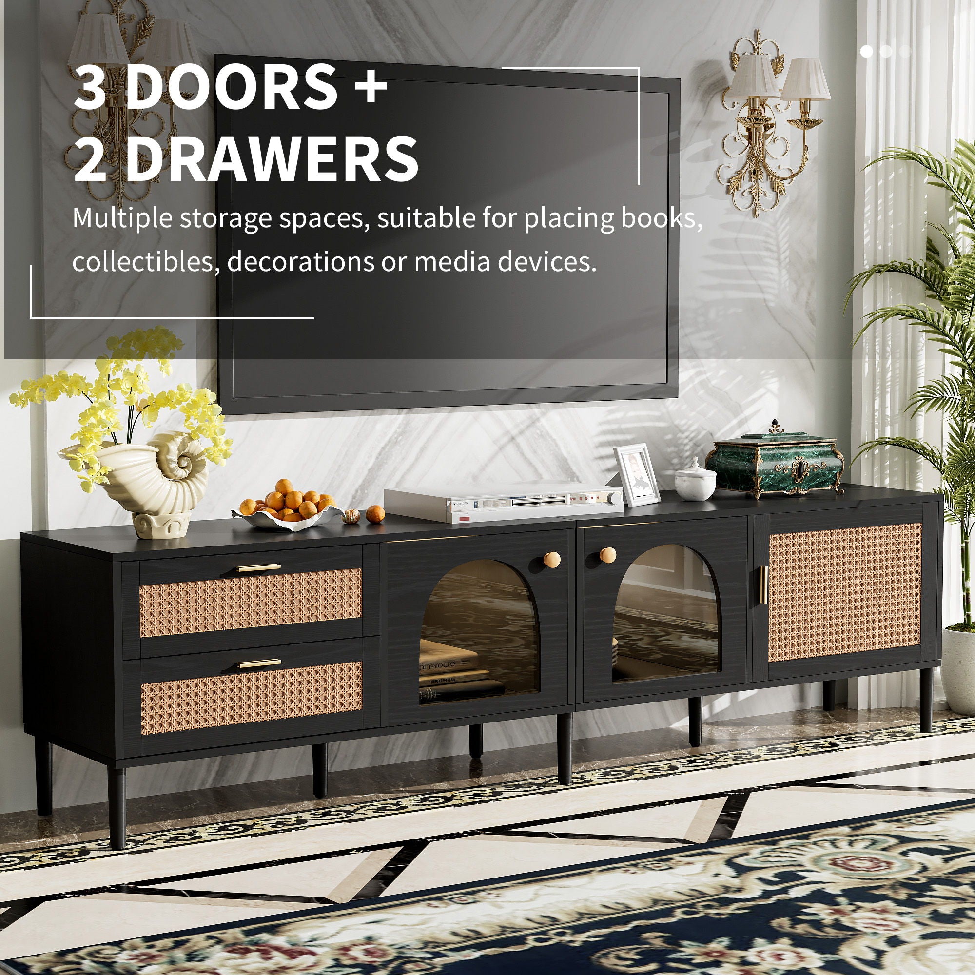 Rattan TV Stand With 3 Cabinets & 2 Drawers, Rattan-Inspired Media Console Table For Tvs Up To 80'', LED Light Entertainment Center, TV Cabinet For Living Room - Black
