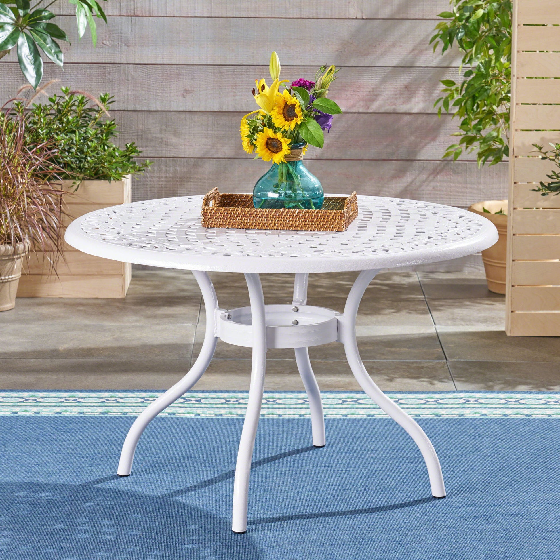 Tranquilius - Outdoor Round Dining Table With Lattice Tabletop, Umbrella Hole And Curved Legs - Best Buy Furniture