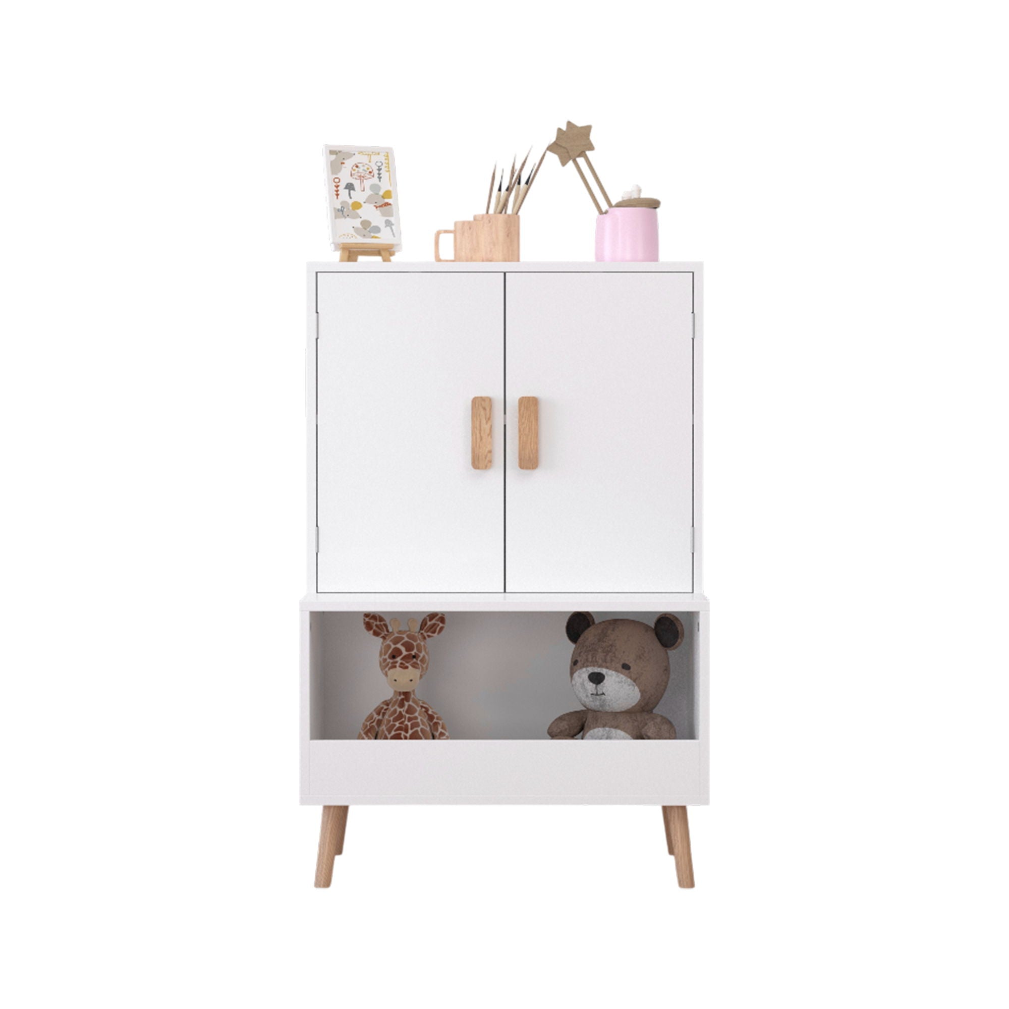 Toy Storage Cabinet With Doors And Open Shelf, Toddler Bookshelf For Playroom - White