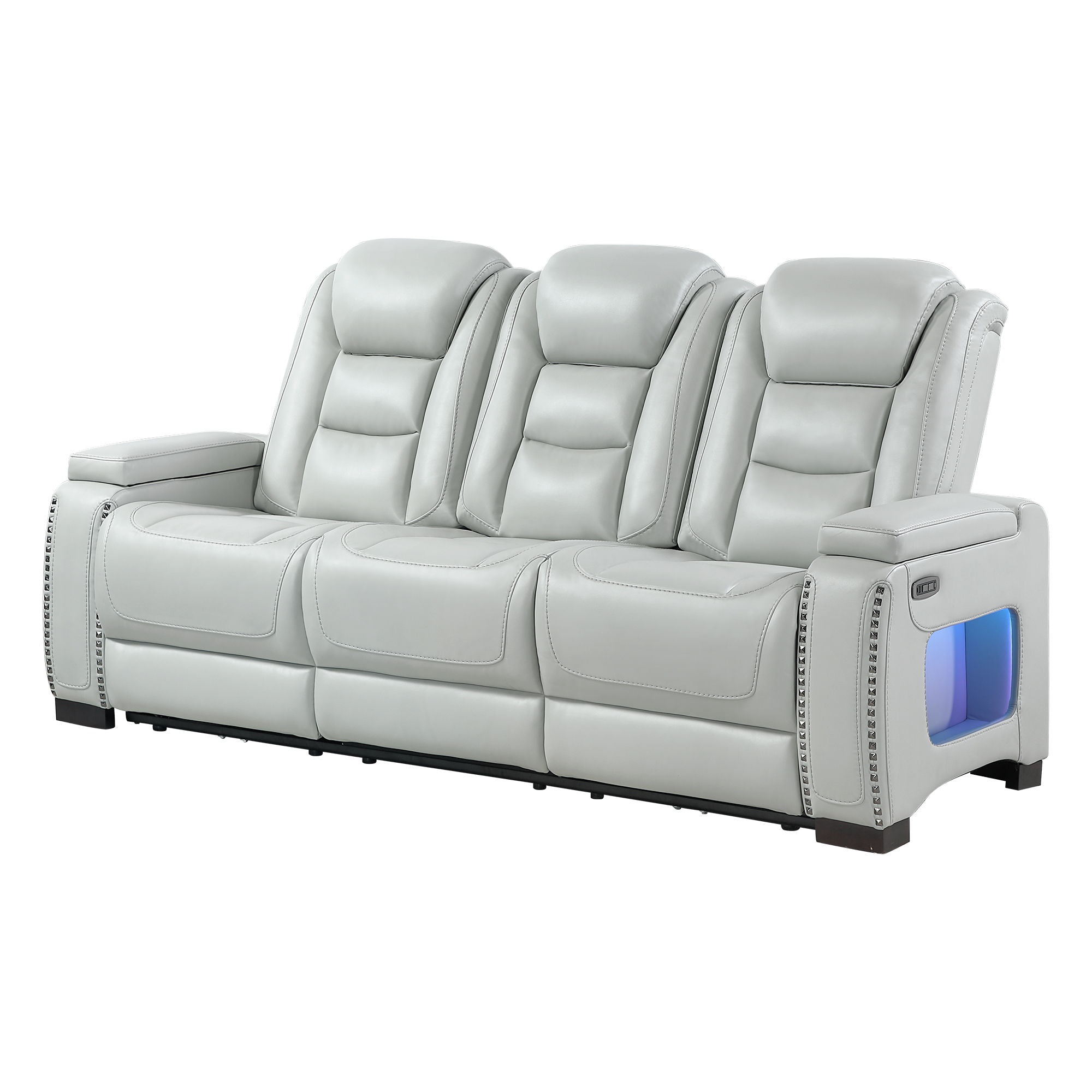 Power Sofa With USB LED Headrest, Bookshelf Arms, And Storage - Grey