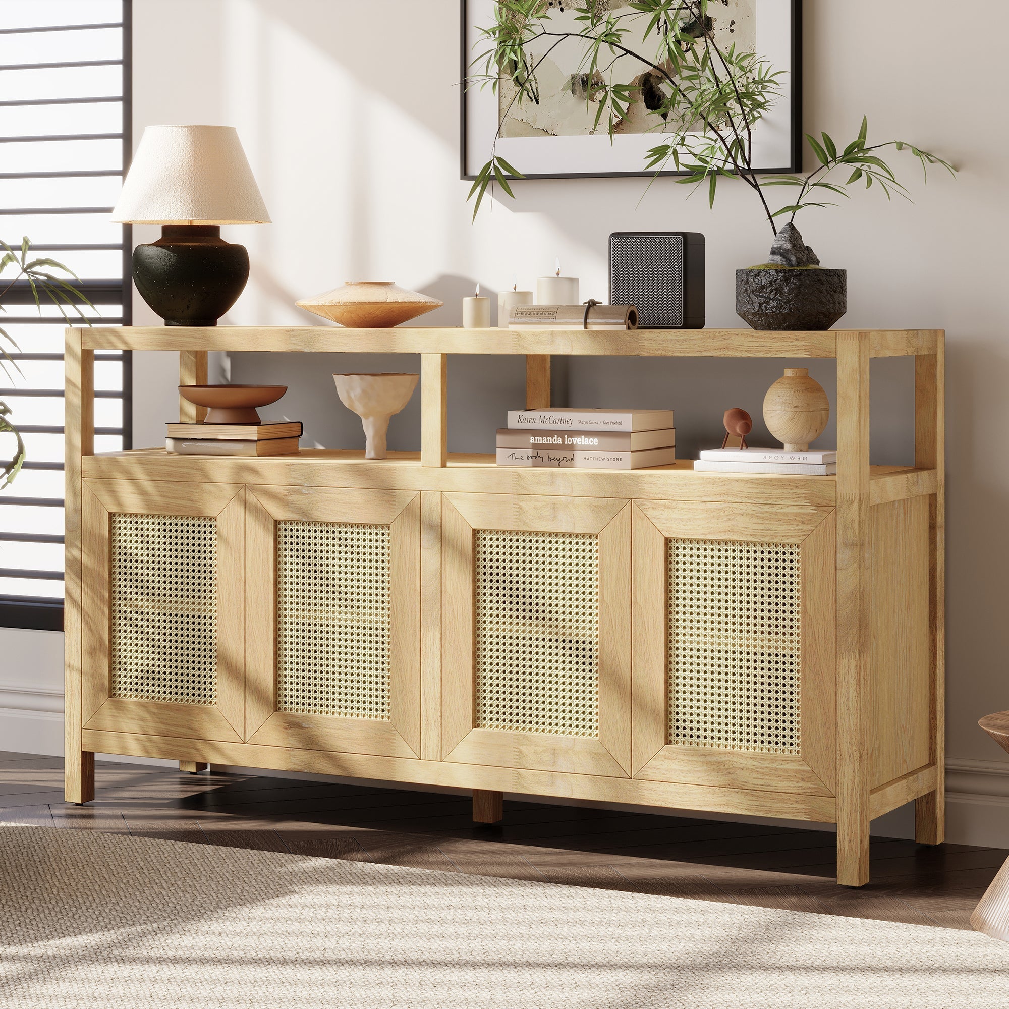 Bohemian Style Rattan Buffet Storage Cabinet with Solid Wood Frame
