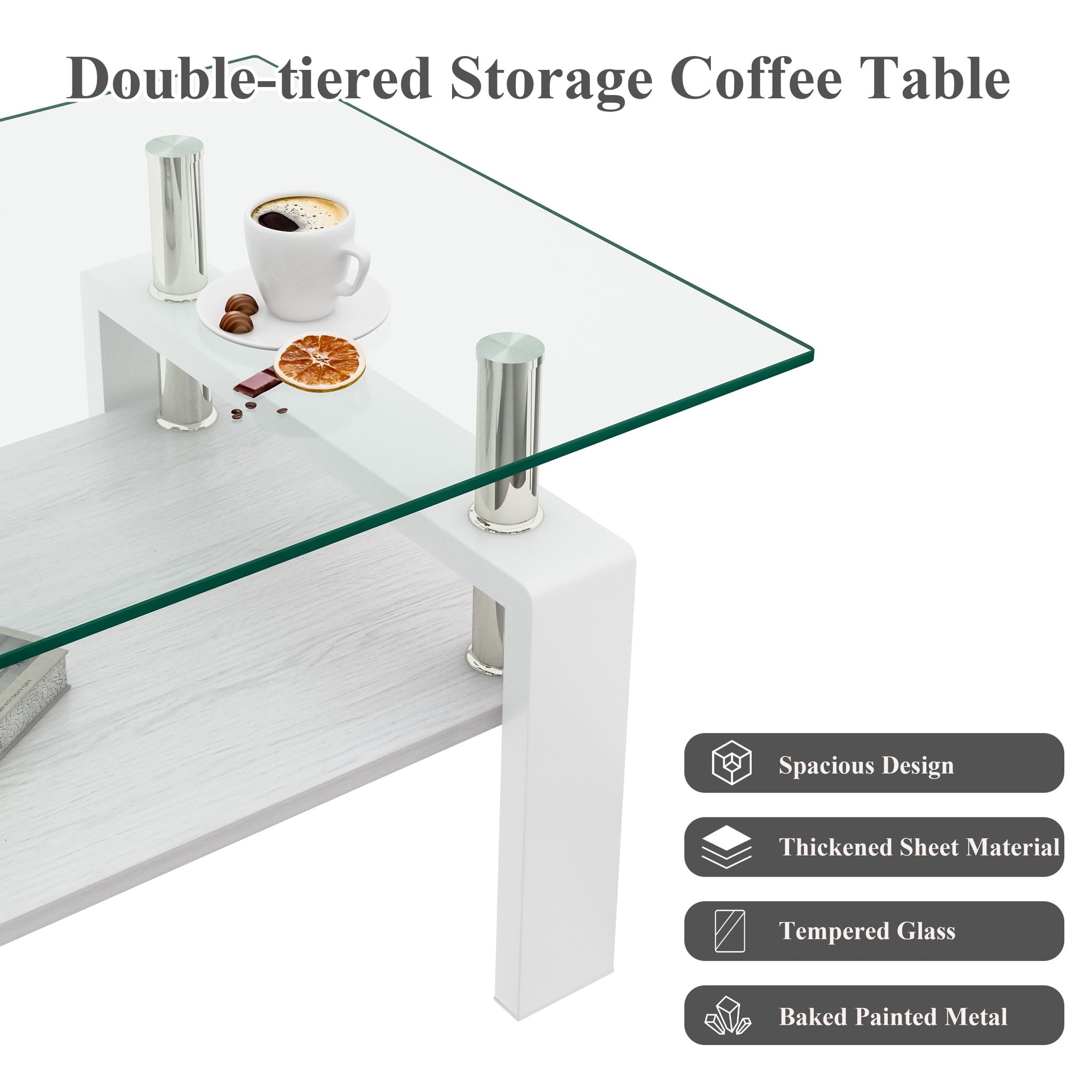 Modern Rectangular Coffee Table With Tempered Transparent Glass Top And Storage Shelf