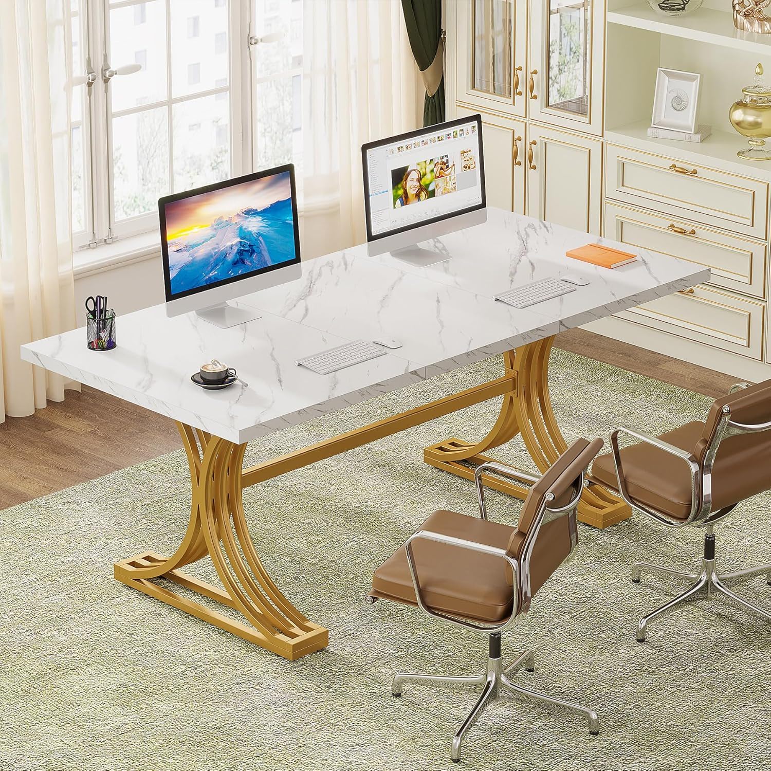 Executive Desk With X-Legs, Sturdy Office Workstation For Home Office - White / Gold