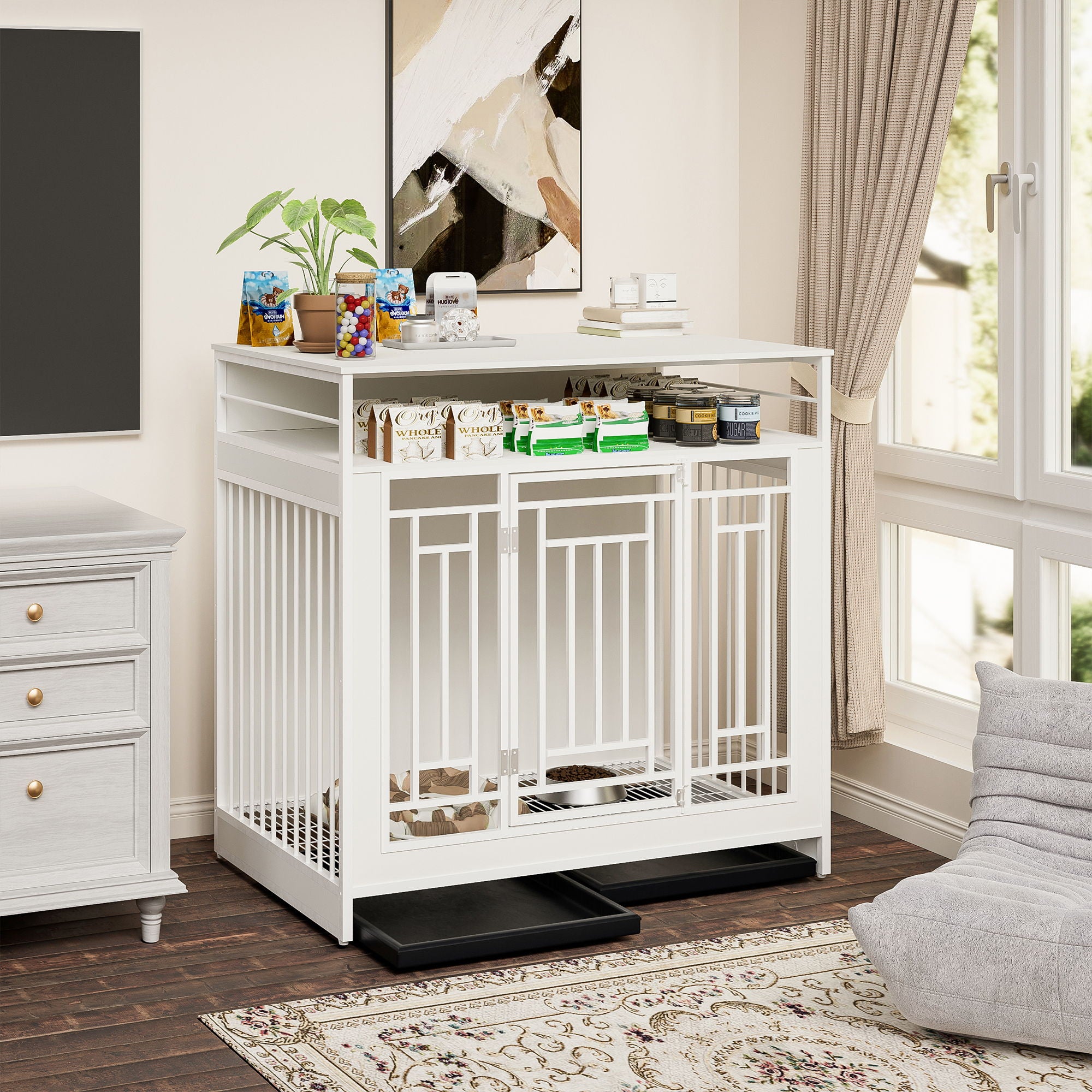 Wooden Dog Crate Furniture With Divider And Storage - White
