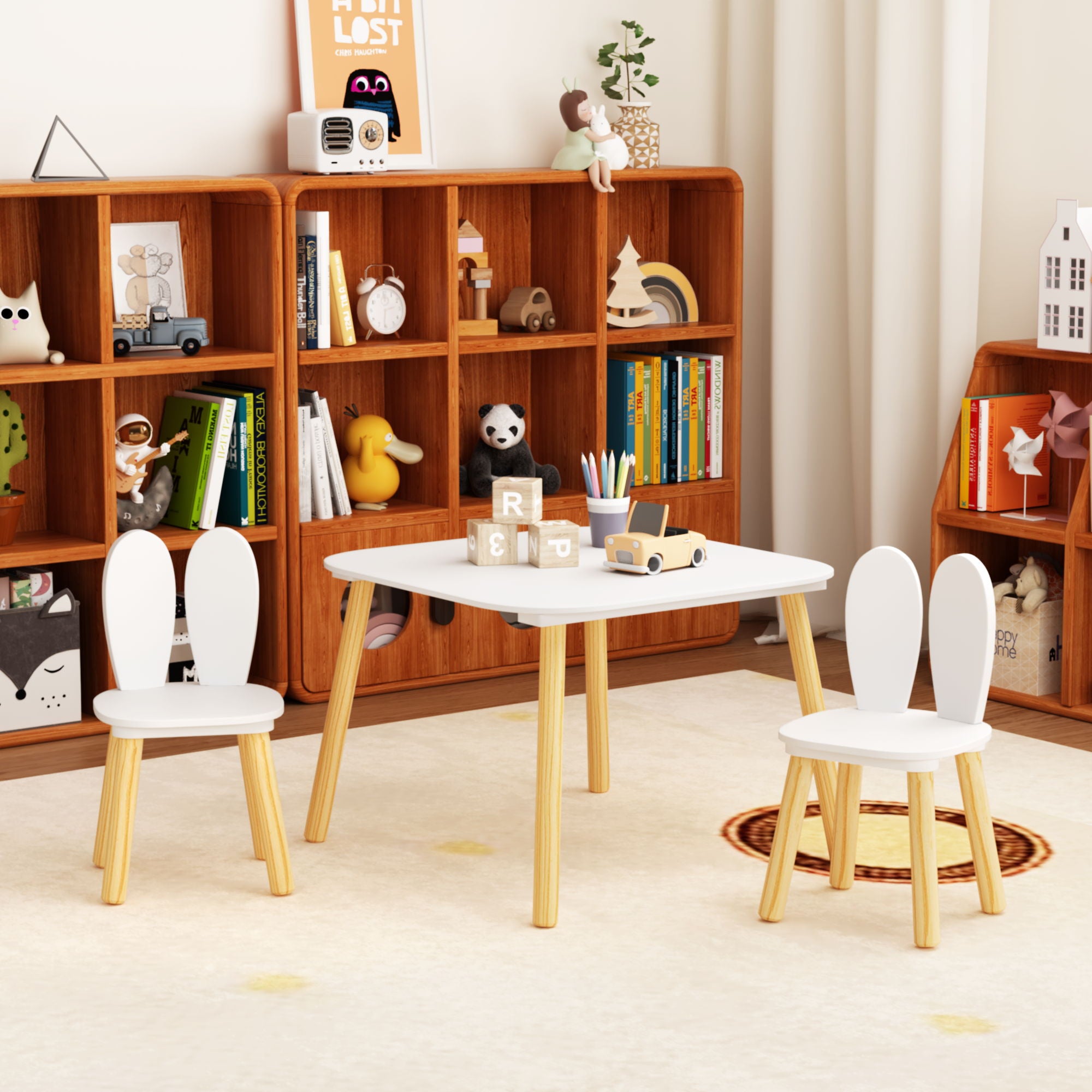 Rabbit Themed Table And 2 Chairs Set - White