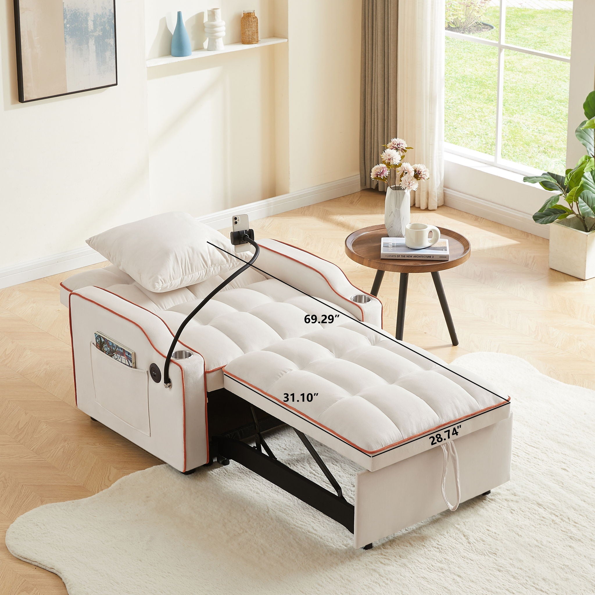 Convertible Velvet 3 In 1 Sofa Bed With Adjustable Sleeper Chair And Multi Pockets