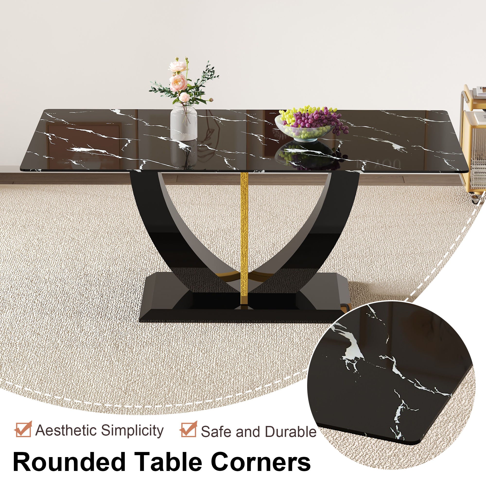 Modern Minimalist Luxurious Imitation Marble Dining Table Rectangular Office Desk With Tempered Glass - Black