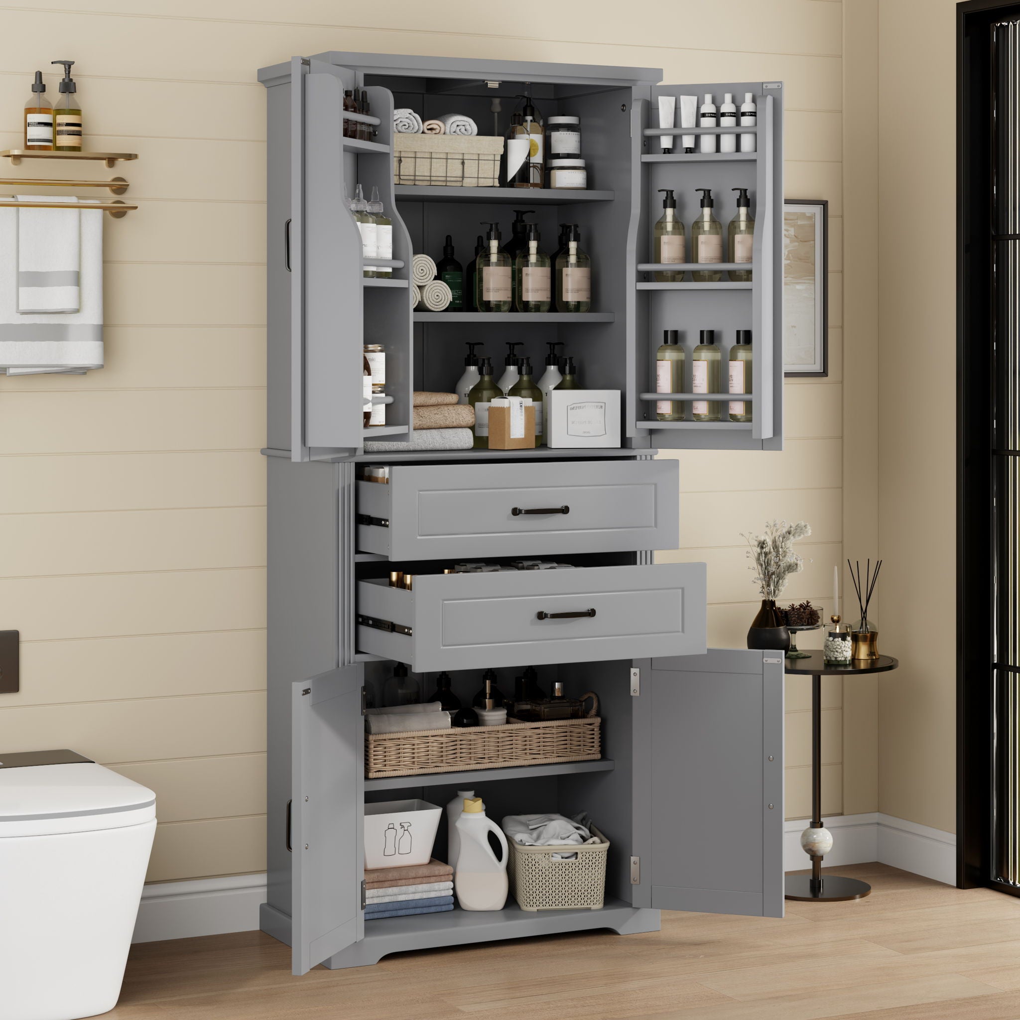 Multi Functional Storage Cabinet With Adjustable Shelves, 2 Drawers, Door Shelves