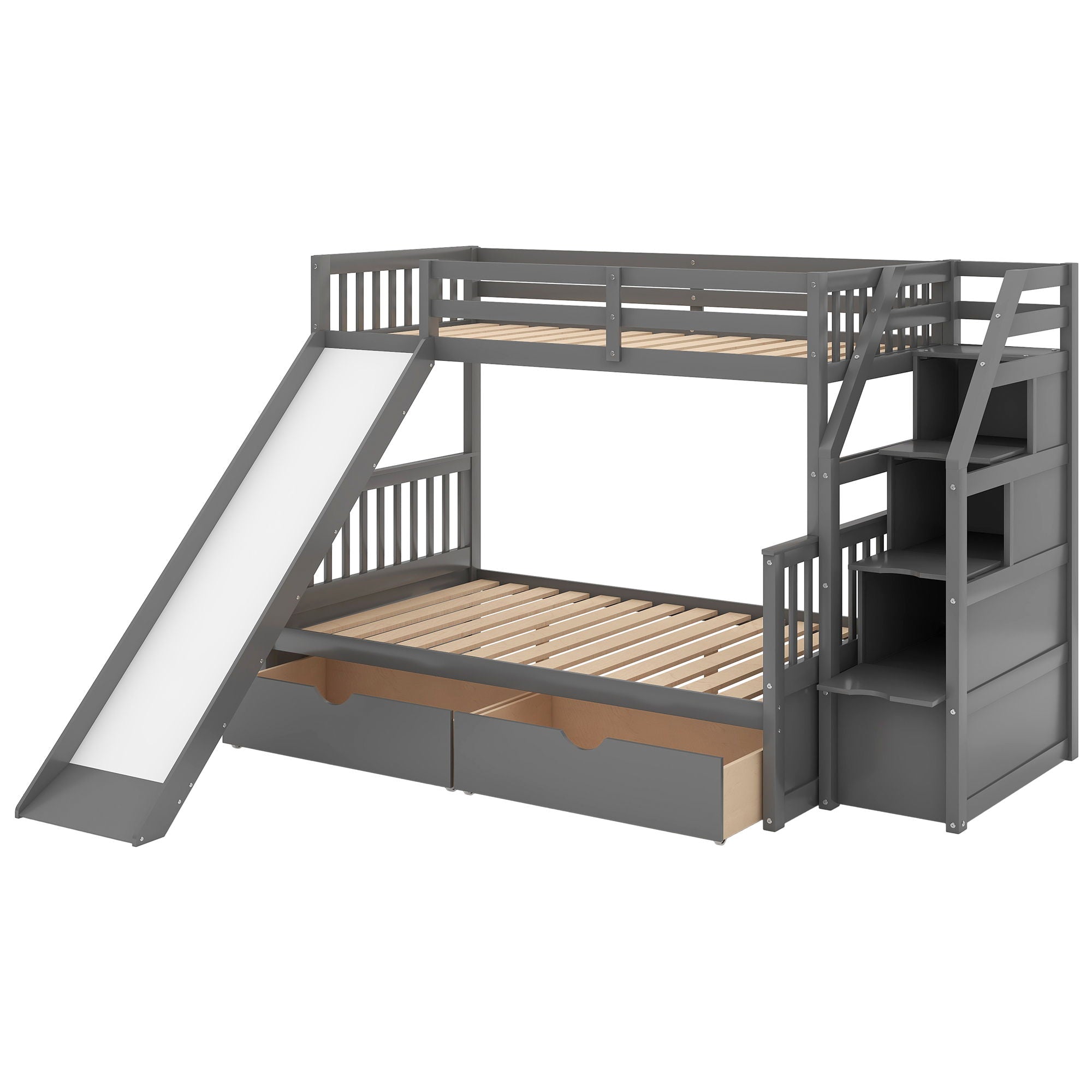 Bunk Bed With Storage Staircase, Slide, Desk, Drawers, And Shelves