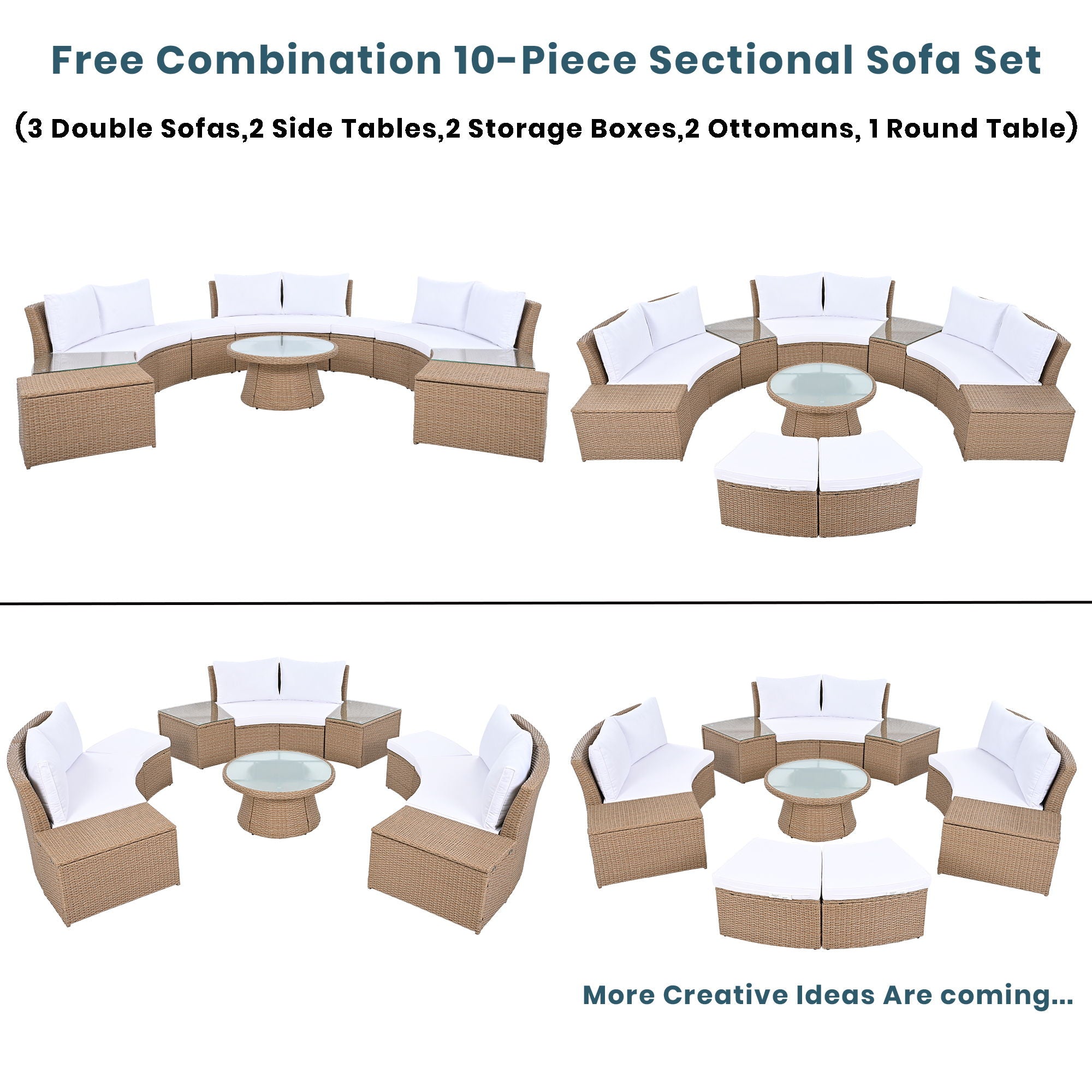 10 Piece Outdoor Sectional Half Round Patio Rattan Sofa Set