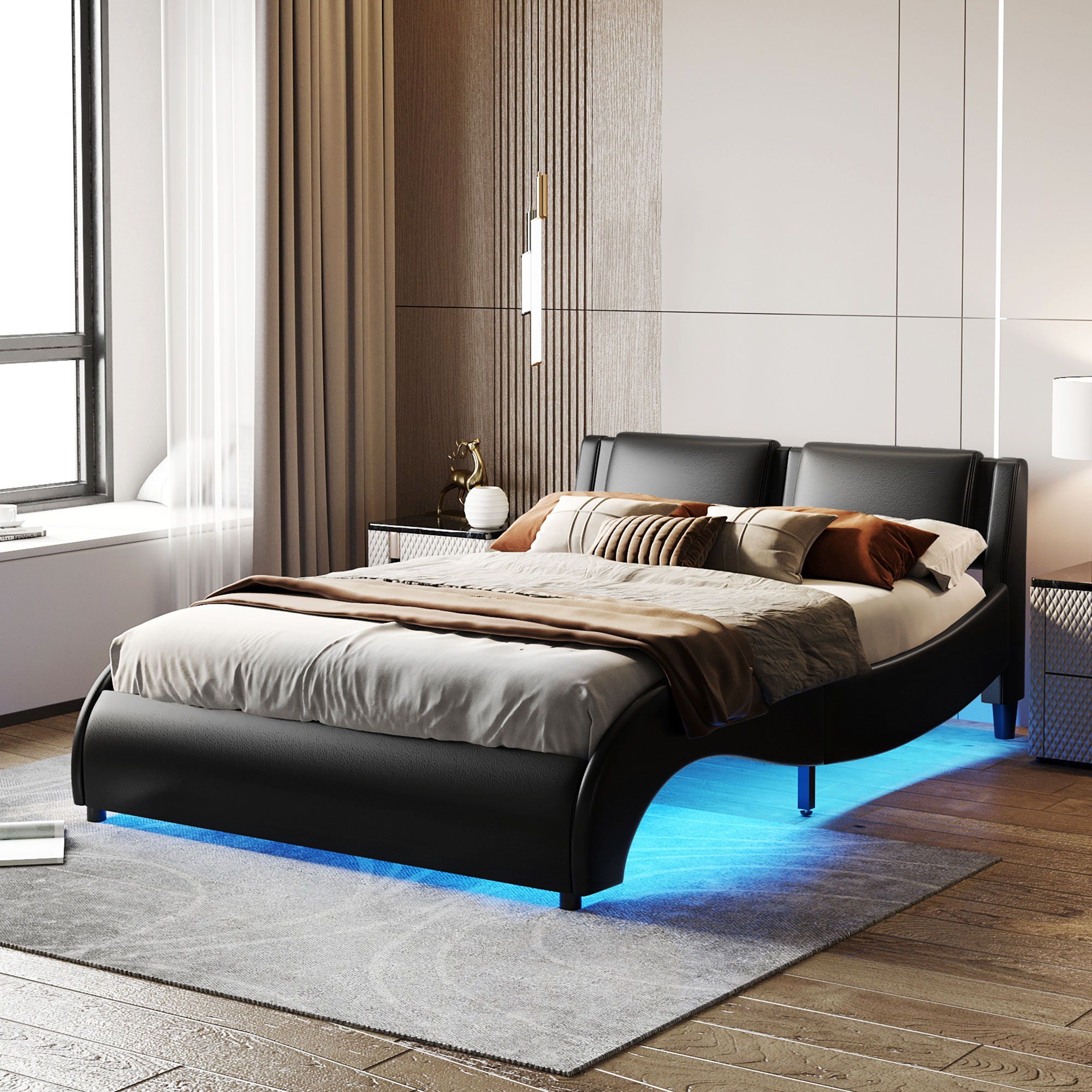 Upholstered Platform Bed With LED Light, Frame Slatted