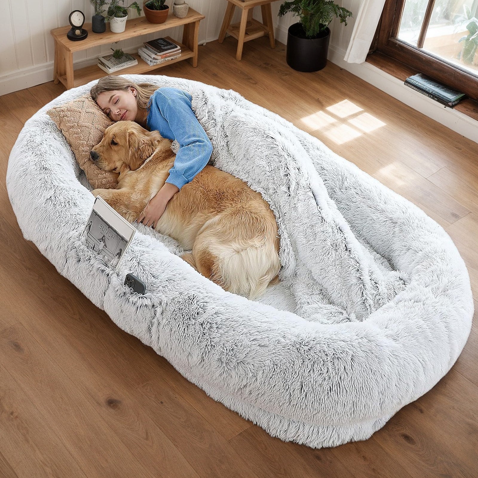 Human Dog Bed with Washable Faux Fur and Orthopedic Support
