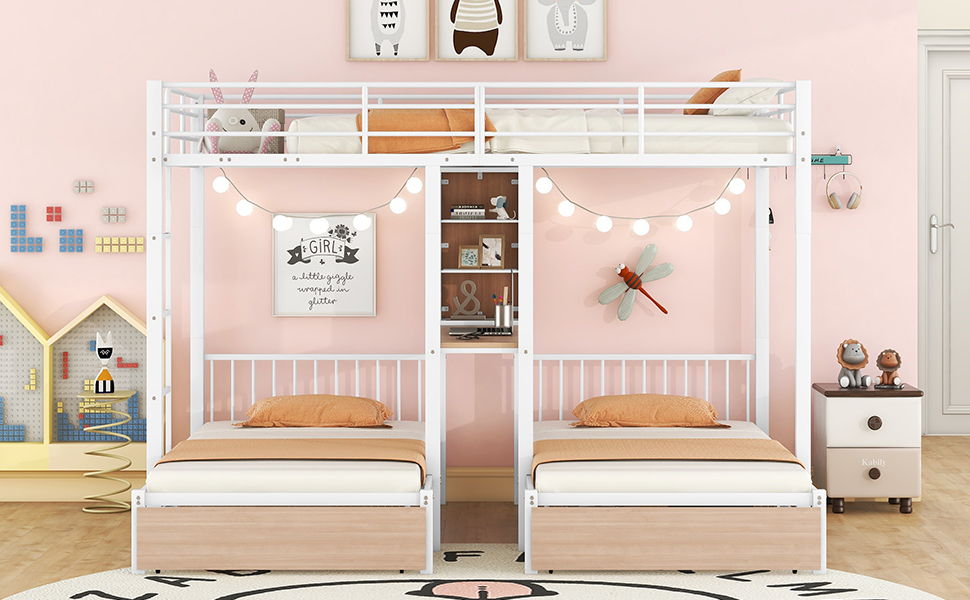 Triple Bunk Bed With Drawers, Multi-Functional Frame With Desks And Shelves In The Middle