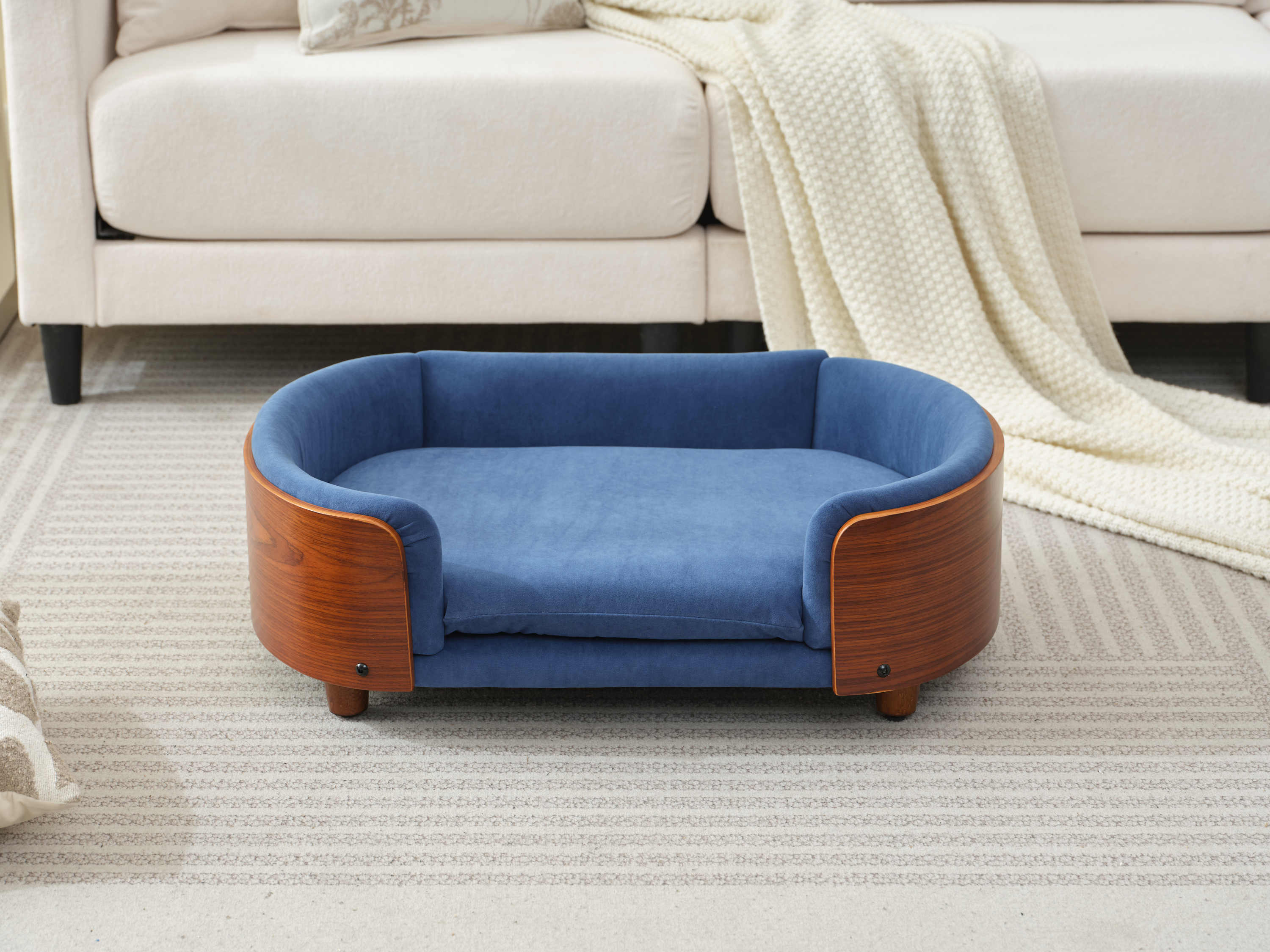 Scandinavian Style Elevated Dog Bed Mid Size Dark Blue Velvet