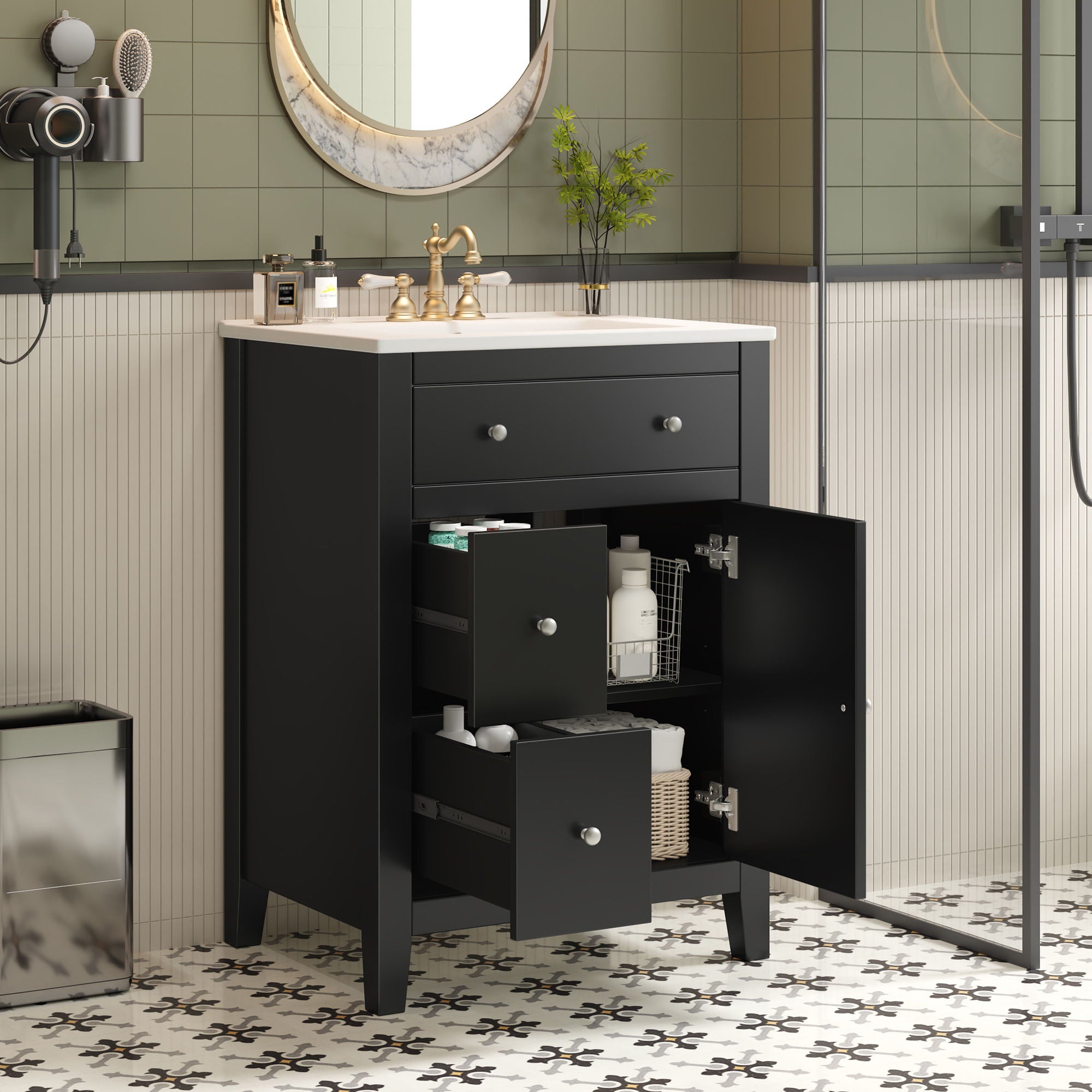 Bathroom Vanity With Basin, Rectangular Cabinet With 2 Drawers And Soft Closing Door
