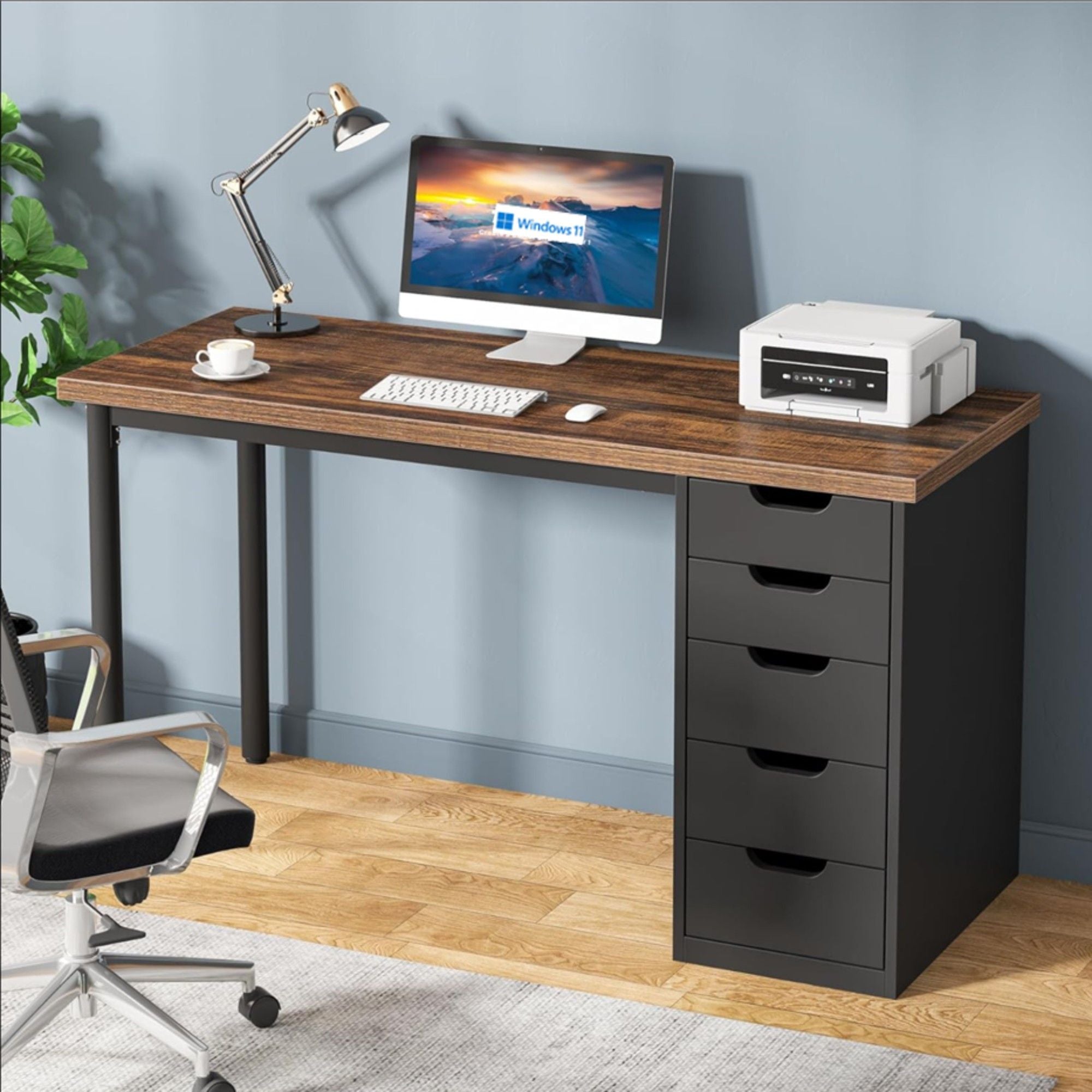 Computer Desk With 5 Drawers, Reversible Cabinet Design