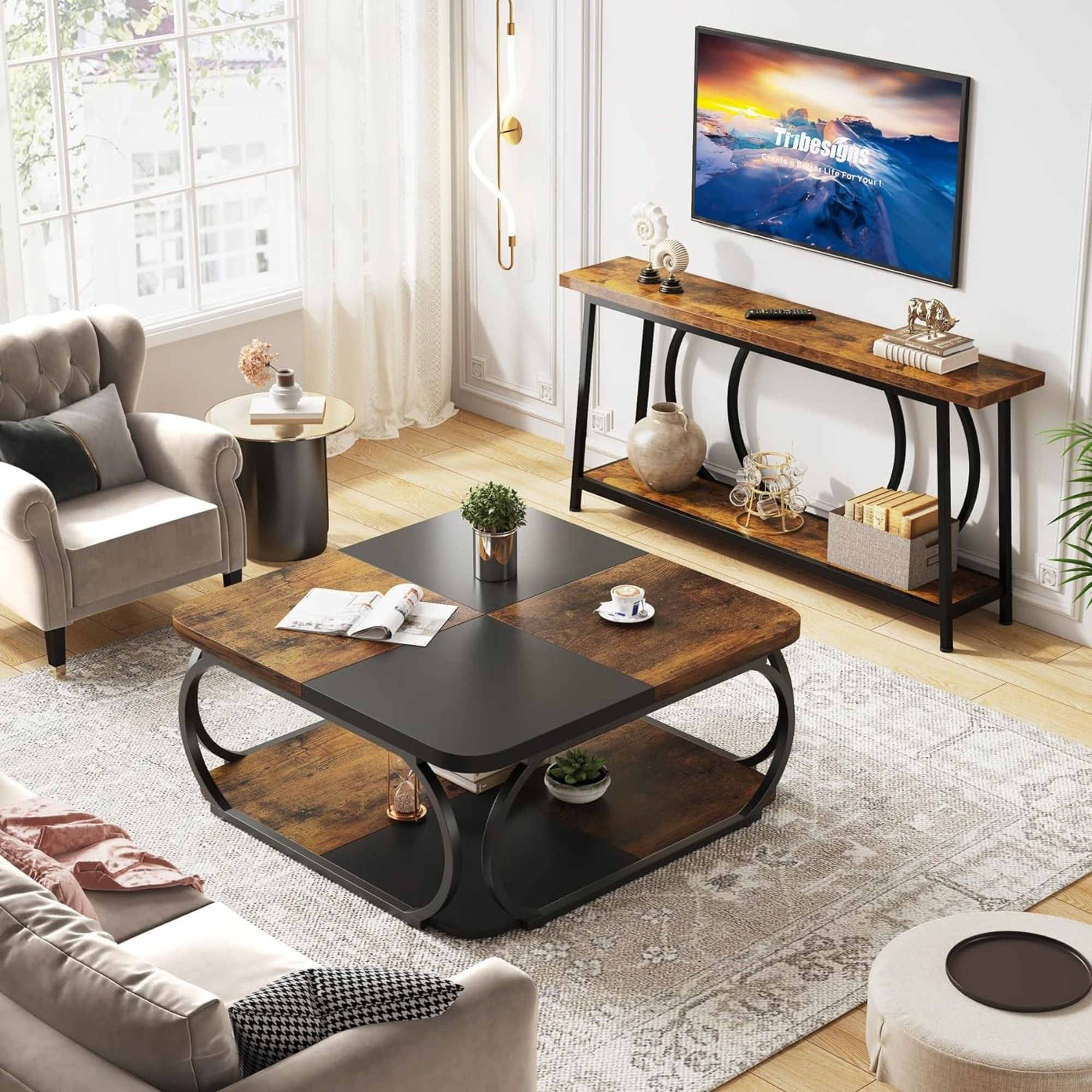 Square Coffee Table With Storage Shelf, 2 Tier For Living Room - Brown / Black