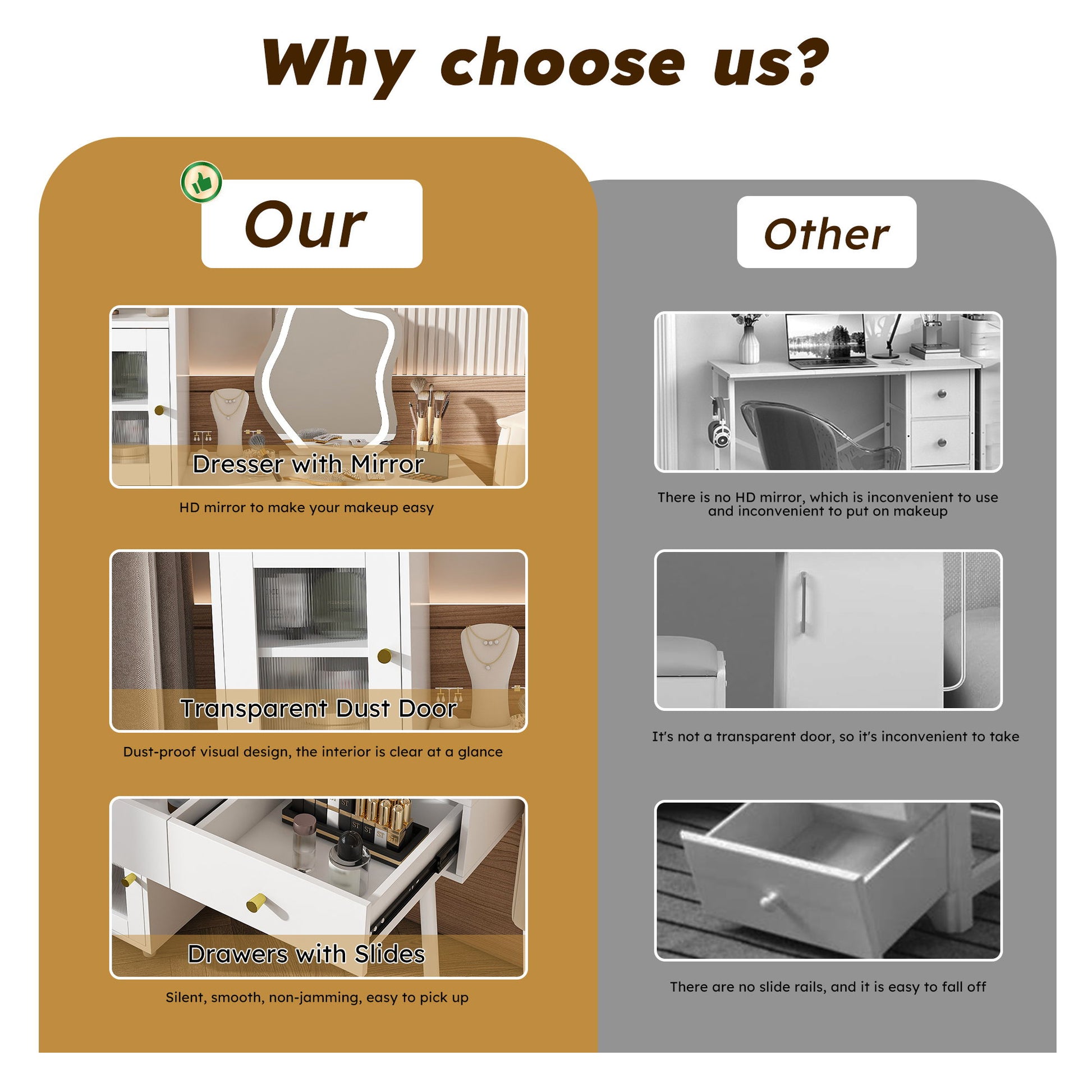 Vanity Dressing Table With LED Mirror & Storage Makeup Desk With 3 Drawers, 2 Open Shelves & 4 Hidden Cabinets - White - Best Buy Furniture