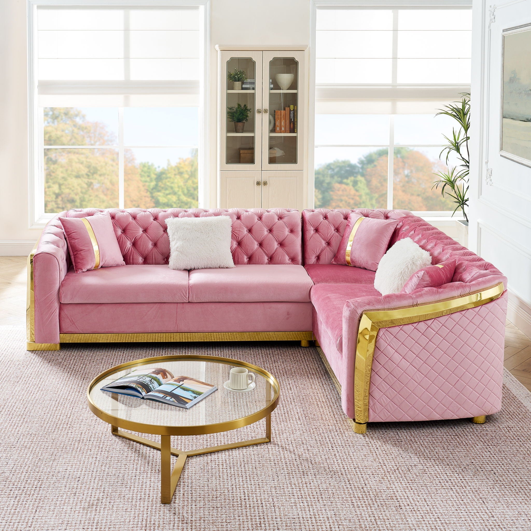 L Shaped Chesterfield Sectional Sofa With Stainless Steel Accents