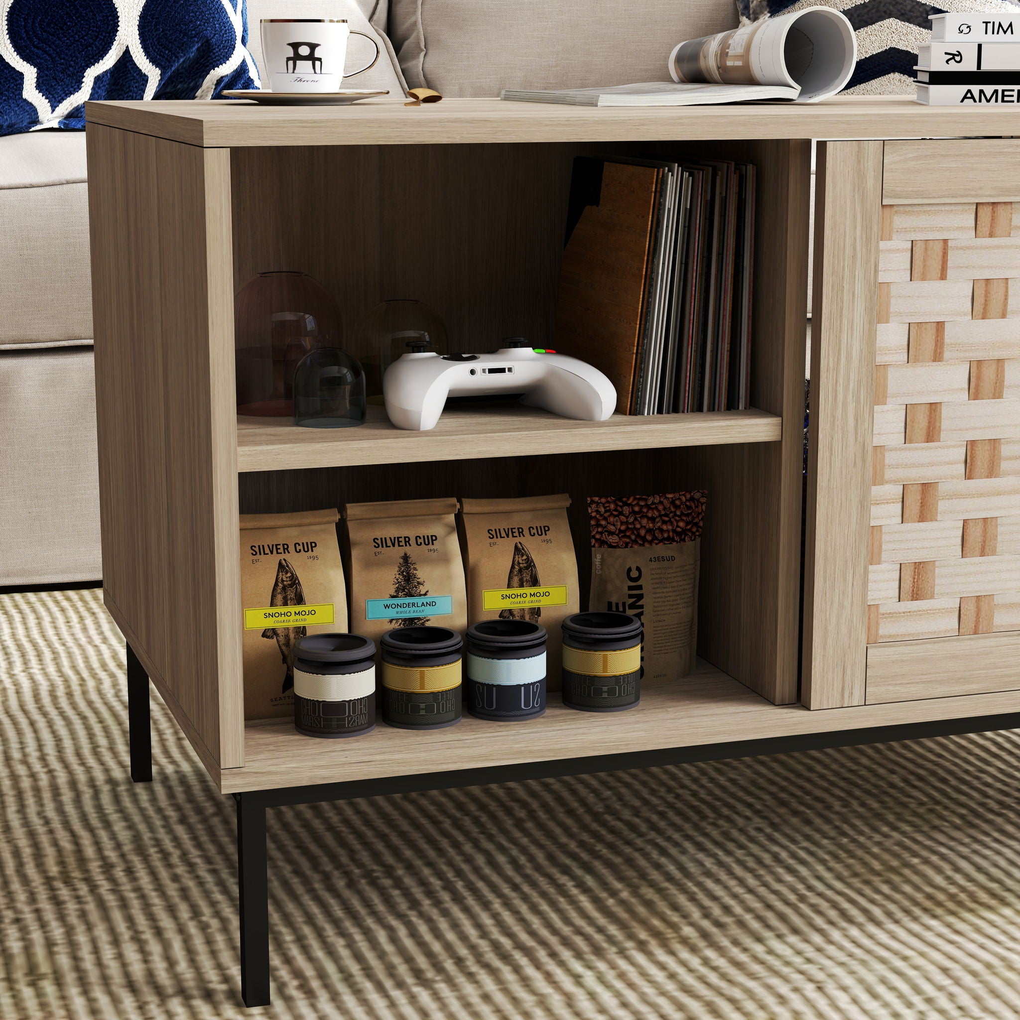 Elegant Veener Weaving Design Coffee Table With 4 Sliding Doors - Natural Wood