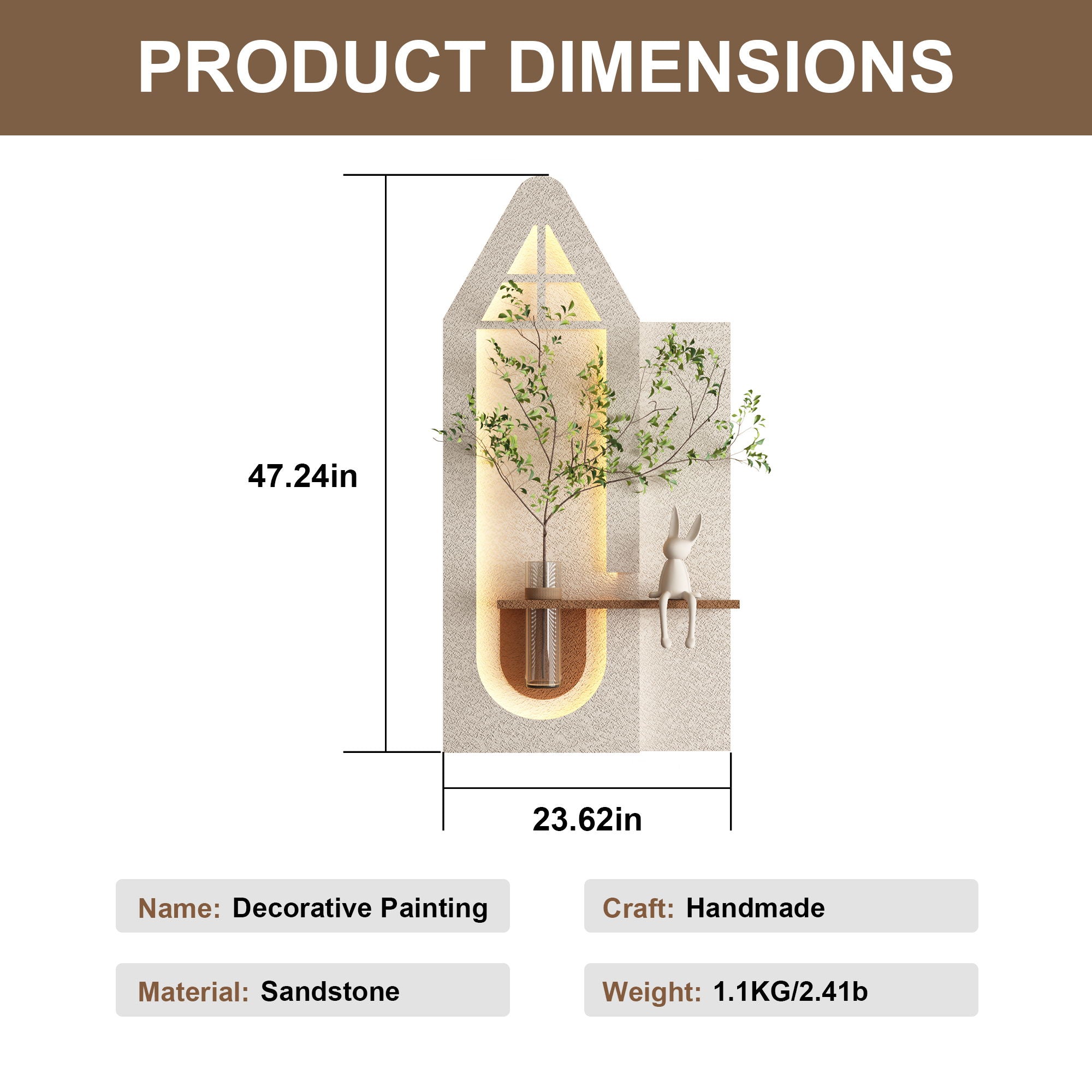 Adjustable 3 Color LED Sandstone Wall Decor With Simulated Plants, Glass Vase & Rabbit Statue - Light Coffee