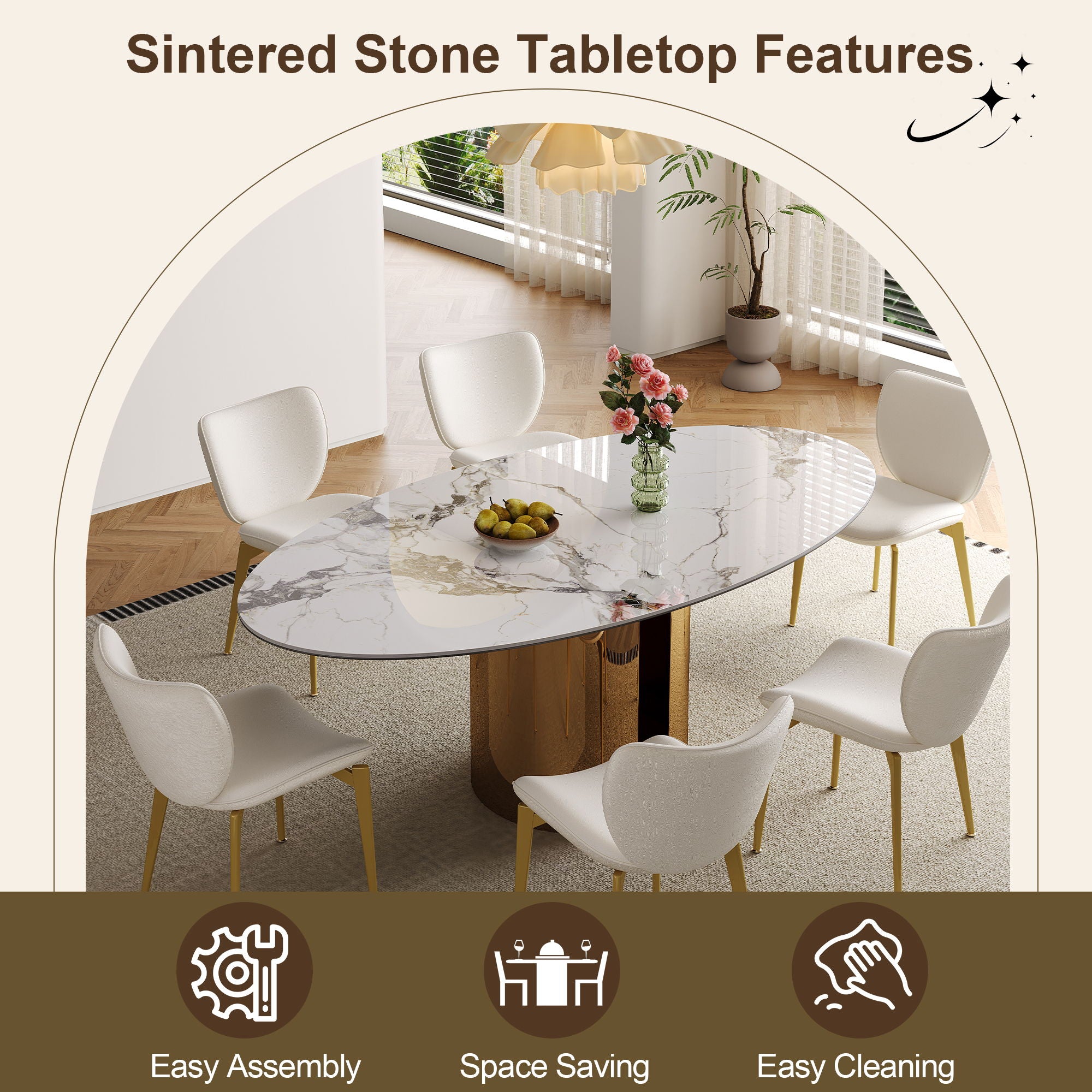 Steel Base Oval Sintered Stone Dining Table With 4 Chairs