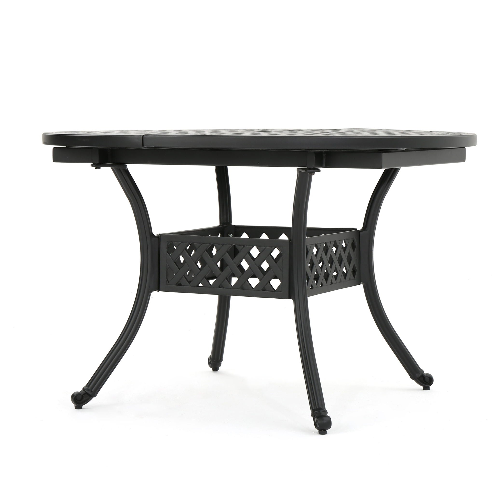 Outdoor Expandable Aluminum Dining Table With Latticework Details And Curvy Legs