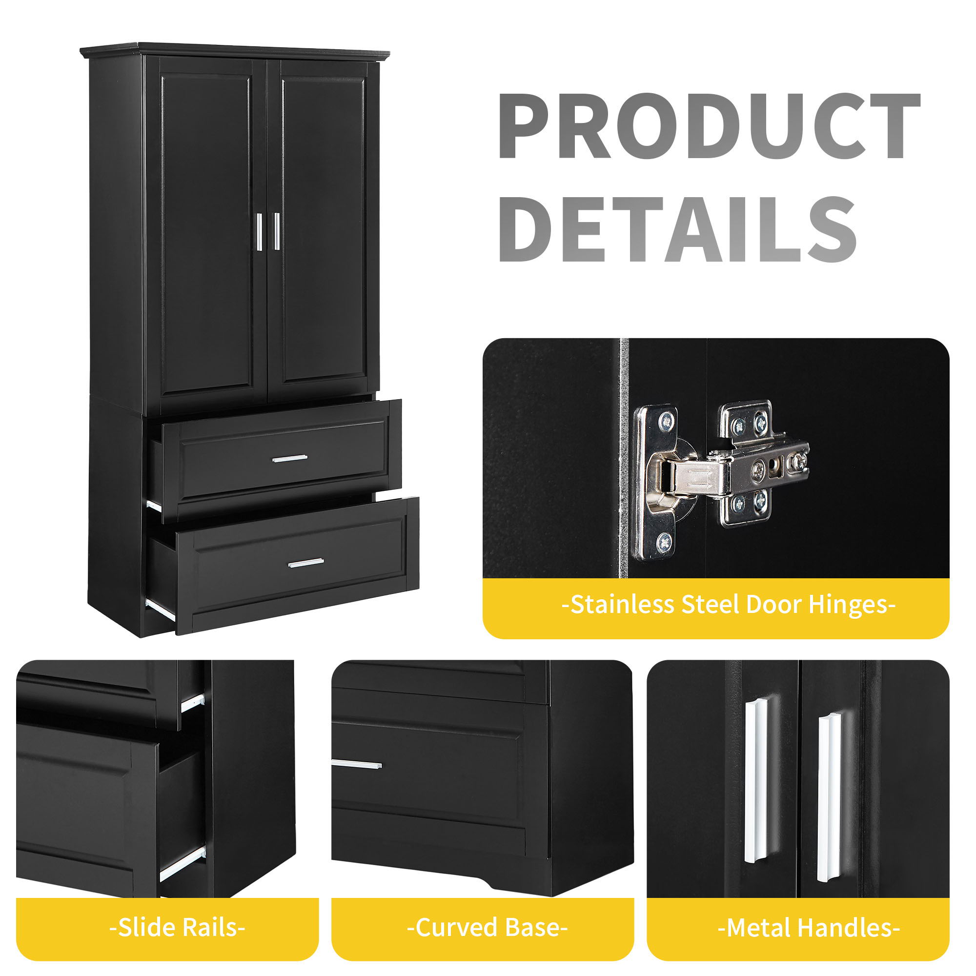 Tall Bathroom Storage Cabinet, Cabinet With 2 Doors And Drawers, Adjustable Shelf