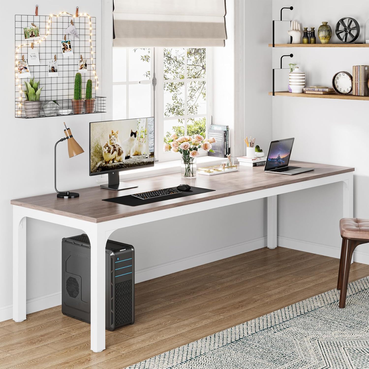 Extra Long 2 Person Computer Desk With, Collaborative Workstation For Home Office - White / Oak