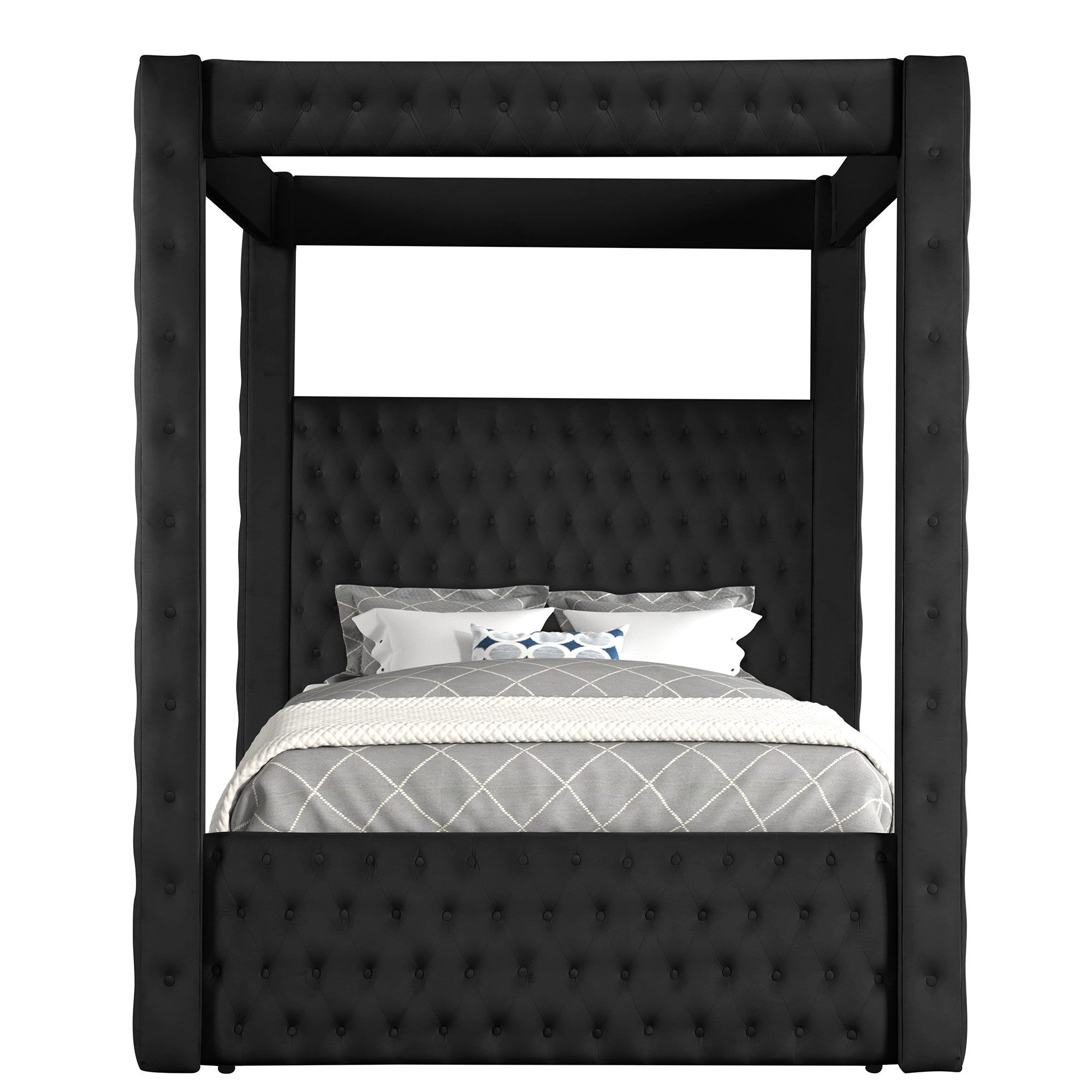 Modern Four-poster King Bed with Tufted Headboard and Footboard in Black Rich Velvet Fabric, Solid Wood Frame