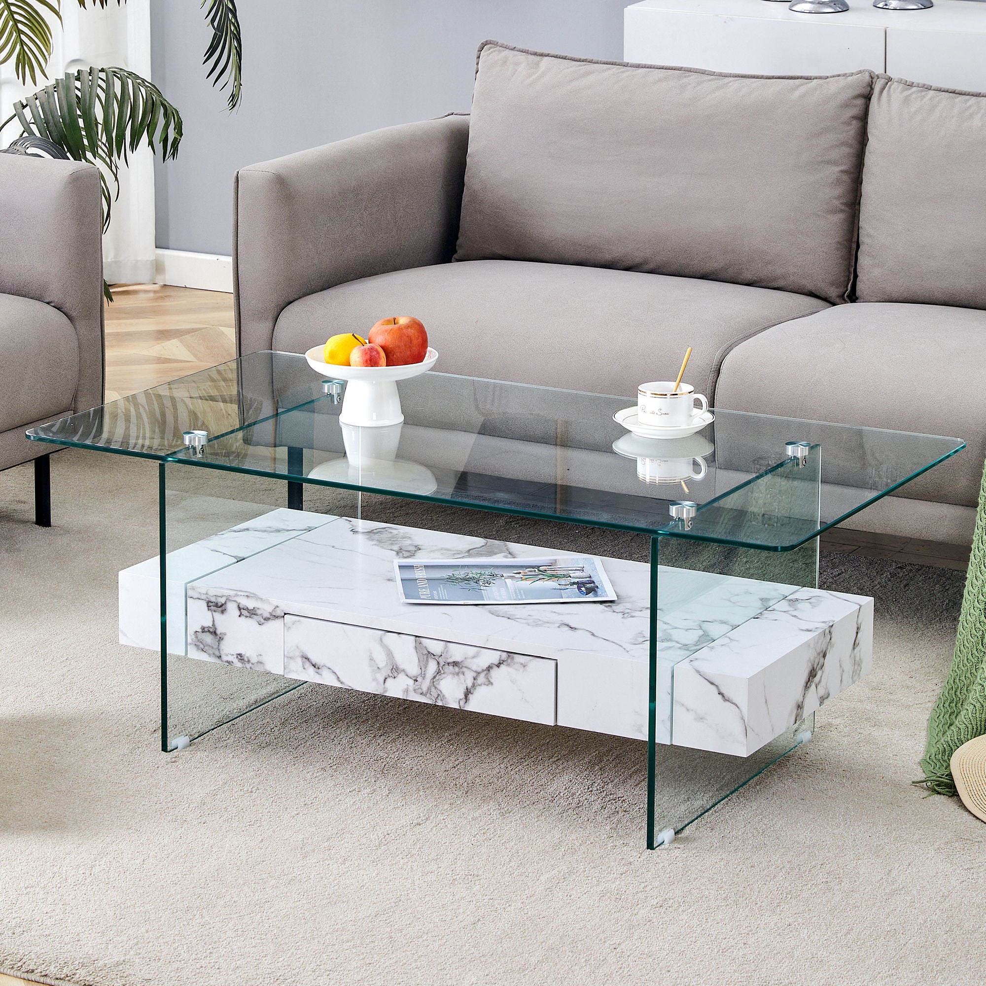 Modern 2 Tier Square Coffee Table, Elegant Marble Pattern