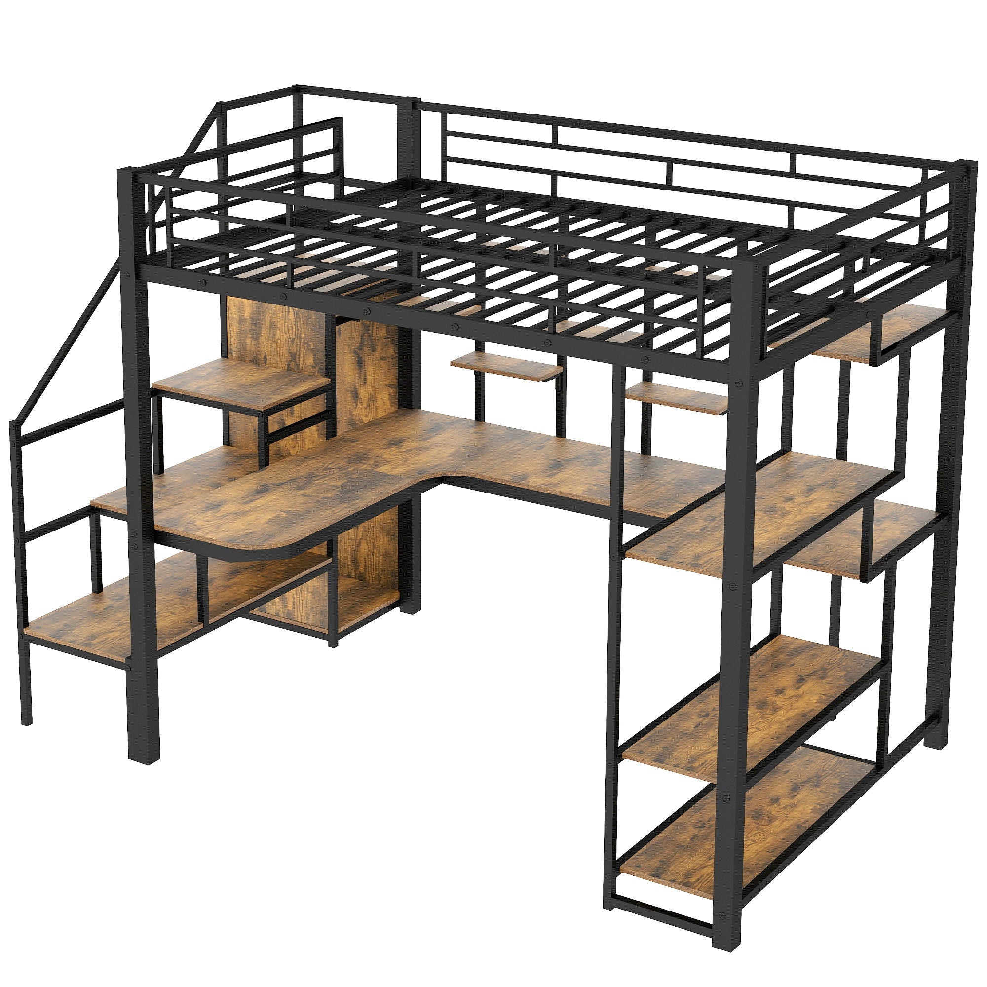 Loft Bed With Storage Staircase And Small Wardrobe, Built - In Desk And Storage Shelves