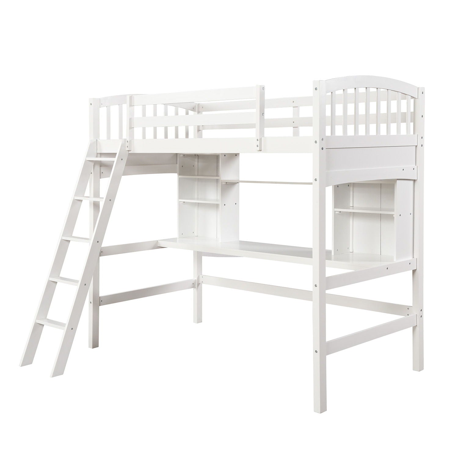 Loft Bed With Storage Shelves, Desk And Ladder