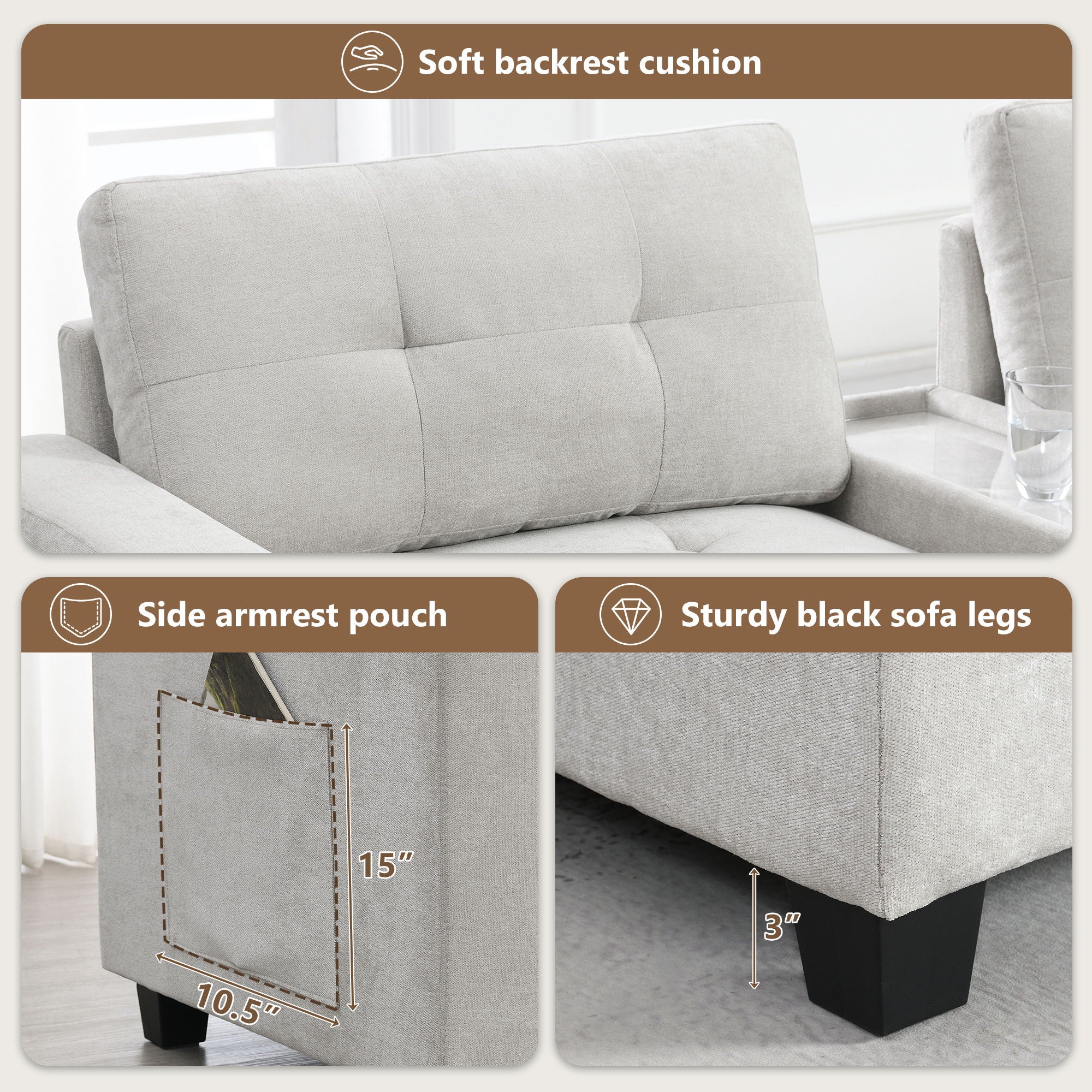 Sectional With Acrylic Table Top U Shaped Couch Set With 2 Consoles USB Charger, Storage Drawers And Pockets Movable Ottoman Tufted Sofa