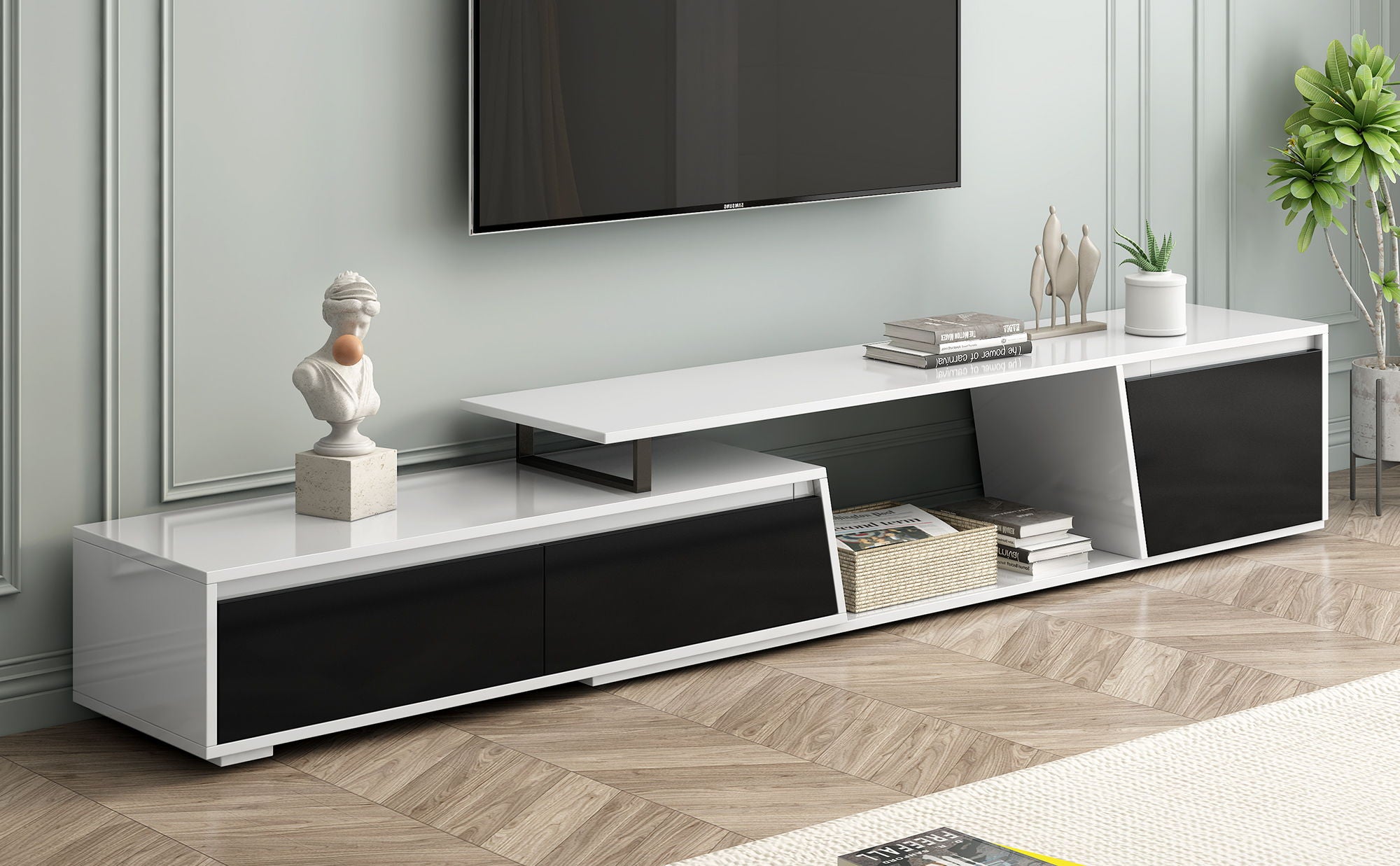Minimalist Rectangle Extendable TV Cabinet With 2 Drawers And 1 Cabinet