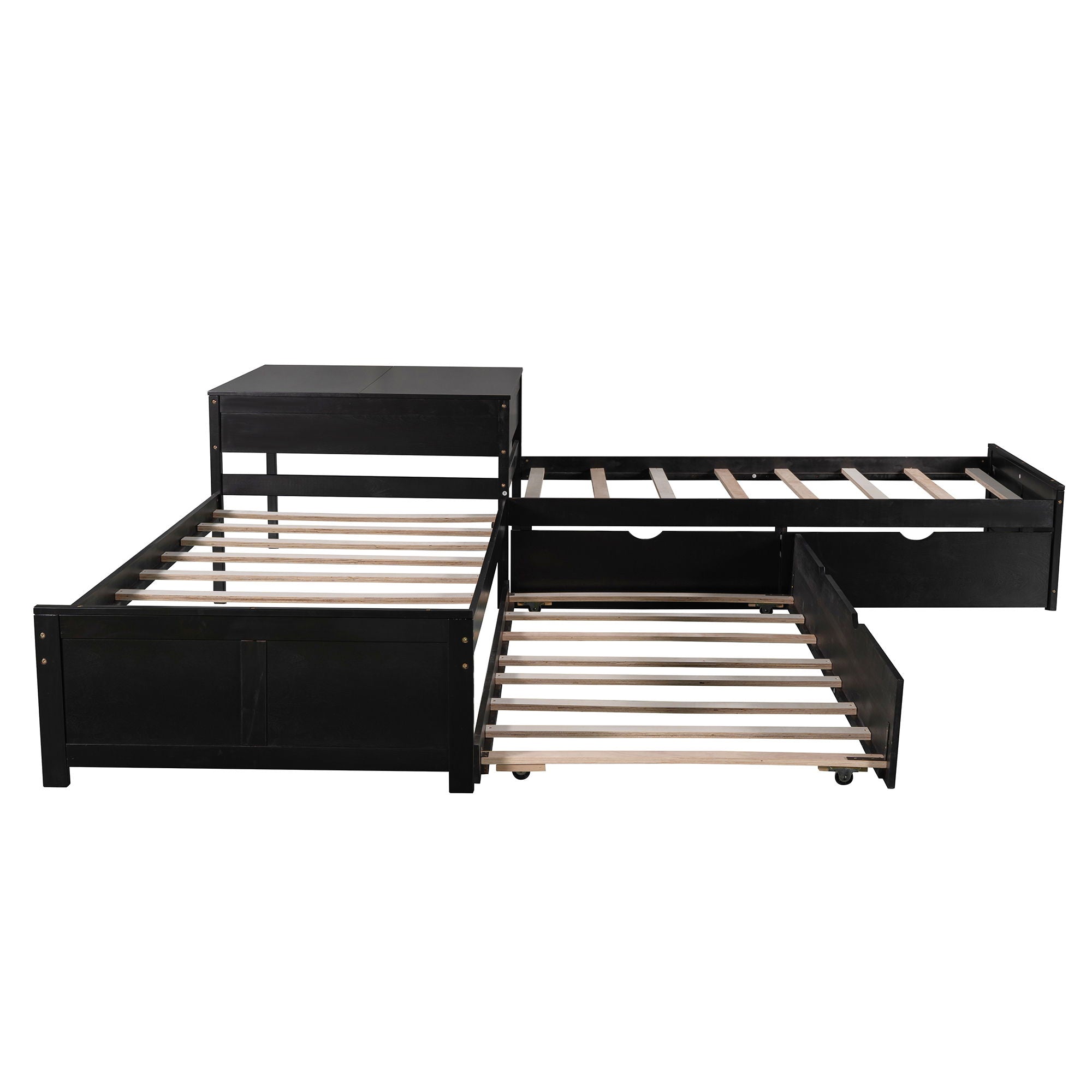L Shaped Platform Bed With Trundle And Drawers Linked With Built In Desk